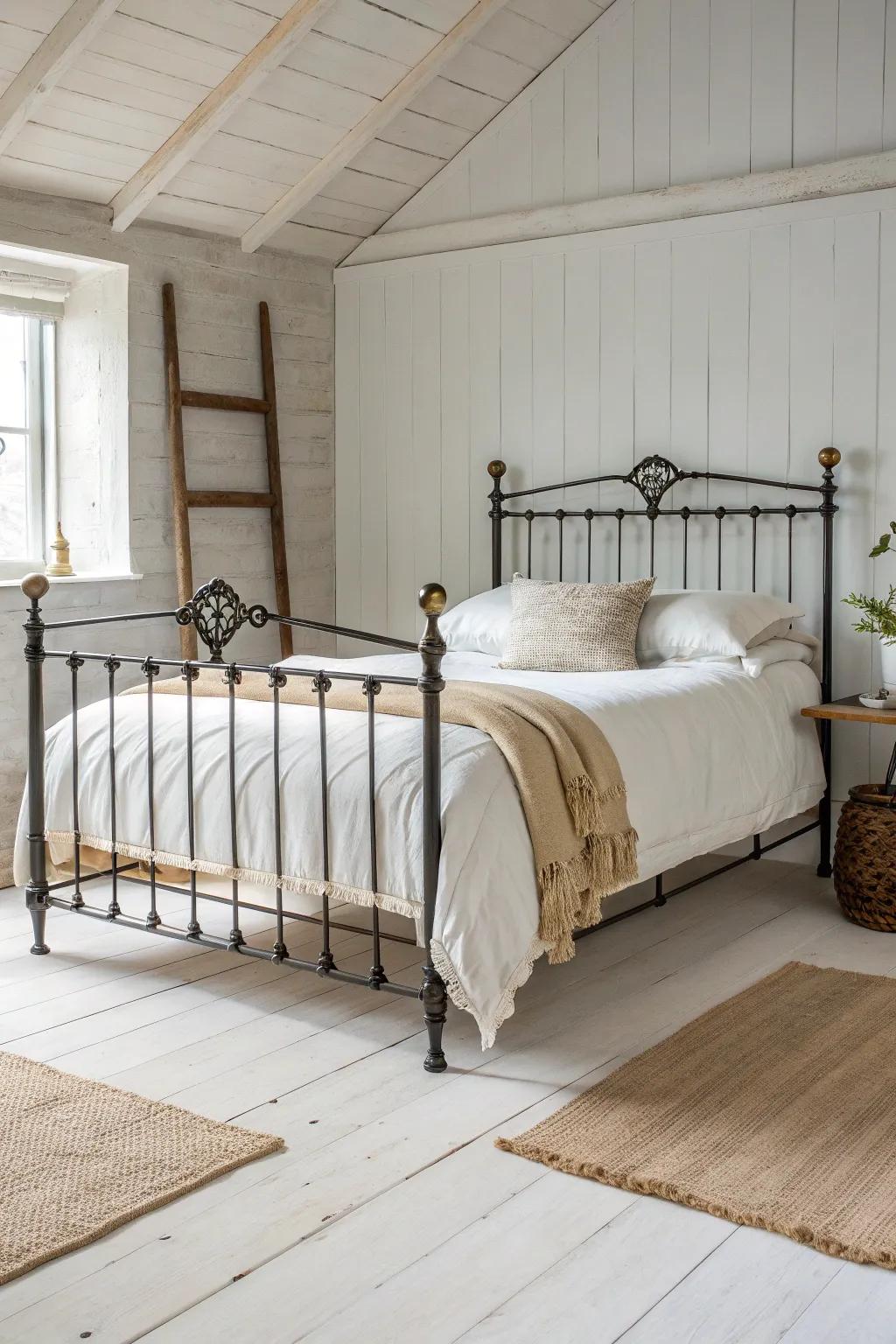 Airy vintage cottage charm: an iron spindle bed frame with soft linens and warm light.