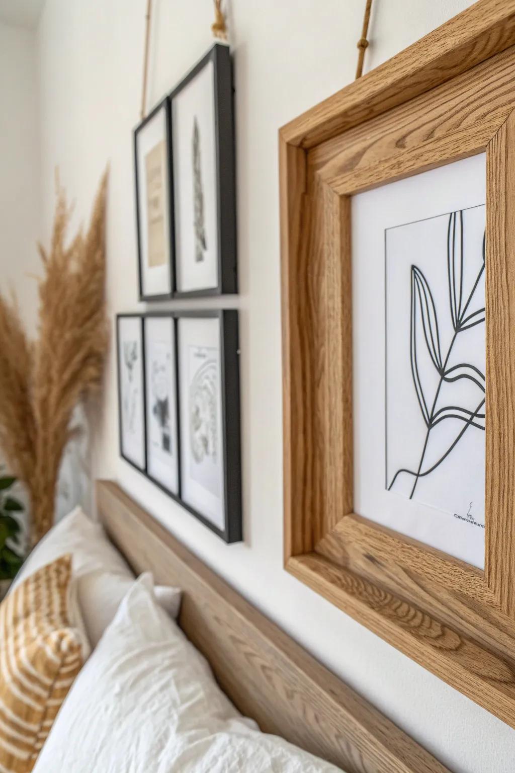 One oversized oak frame with modern line art—an effortless mix of vintage and new above the bed.