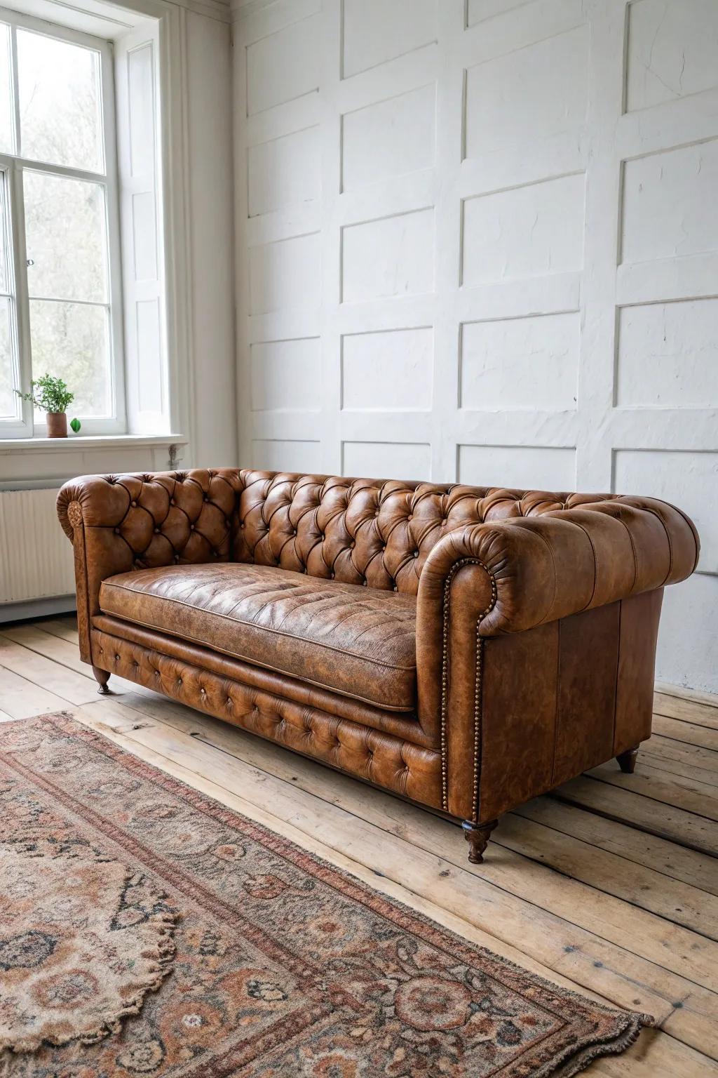 Tufted leather and a worn rug: the easiest vintage man cave upgrade with timeless warmth.
