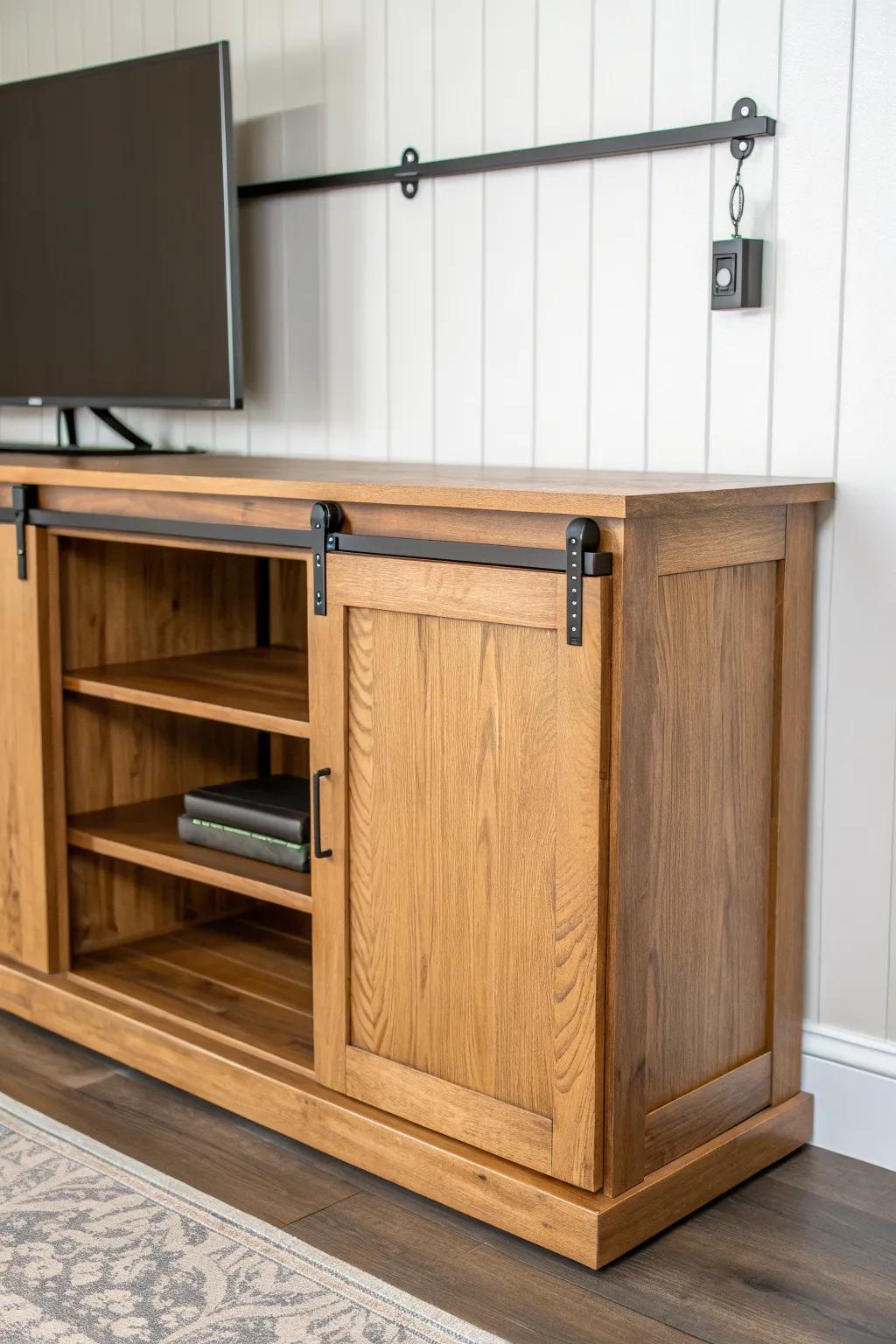 Vintage TV stand with sliding mini barn door—farmhouse charm meets clean Scandinavian lines.