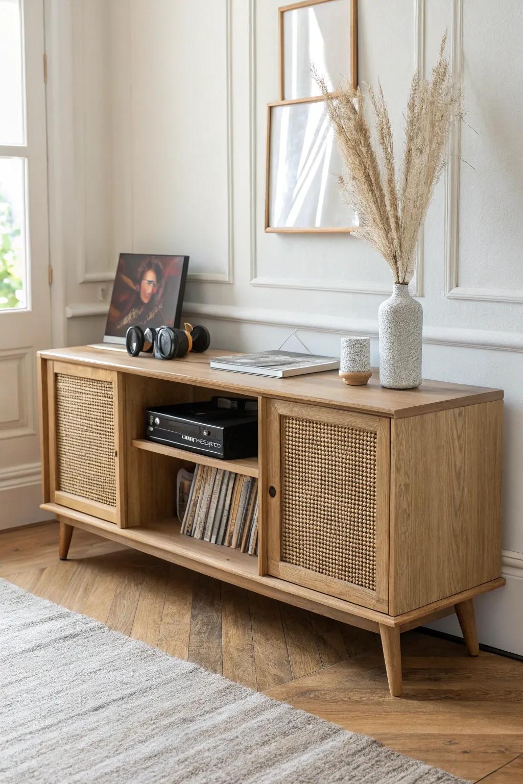 A long, low oak record console—minimal, stable vinyl storage that doubles as a TV stand.