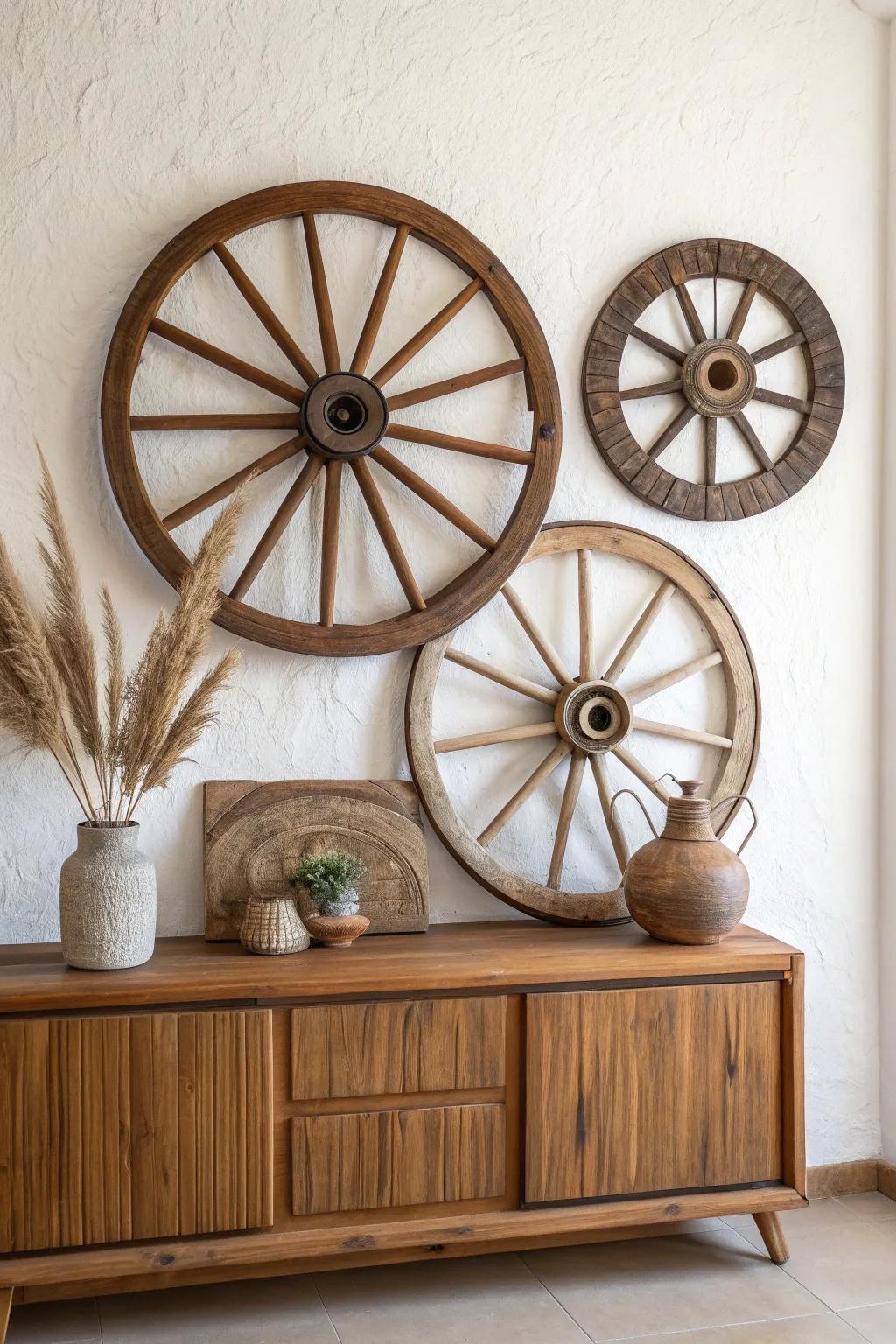 Layered wagon wheels in light + dark wood for an easy farmhouse gallery wall with contrast.