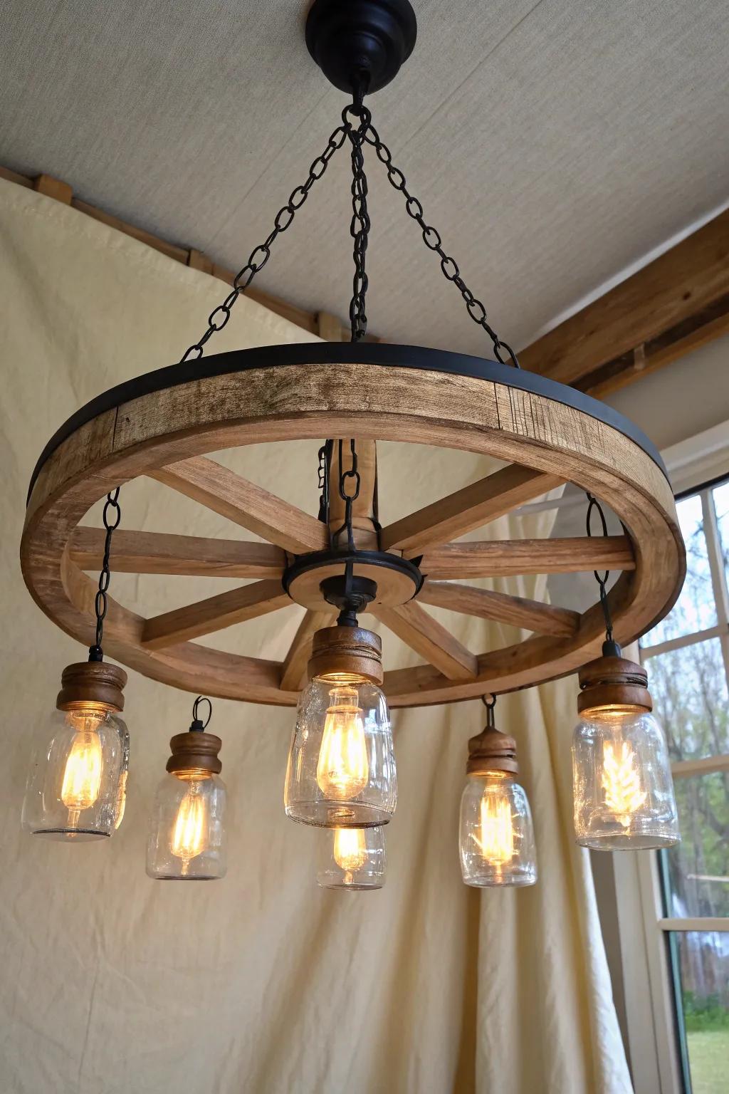 Wagon wheel pendant with frosted canning jar shades for a soft, cozy farmhouse glow.
