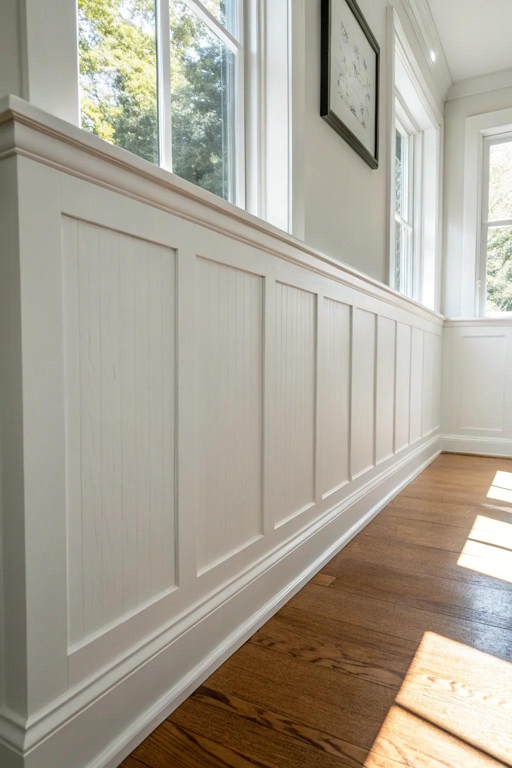 White-on-white wainscoting that reflects light and adds quiet texture to a small living room.