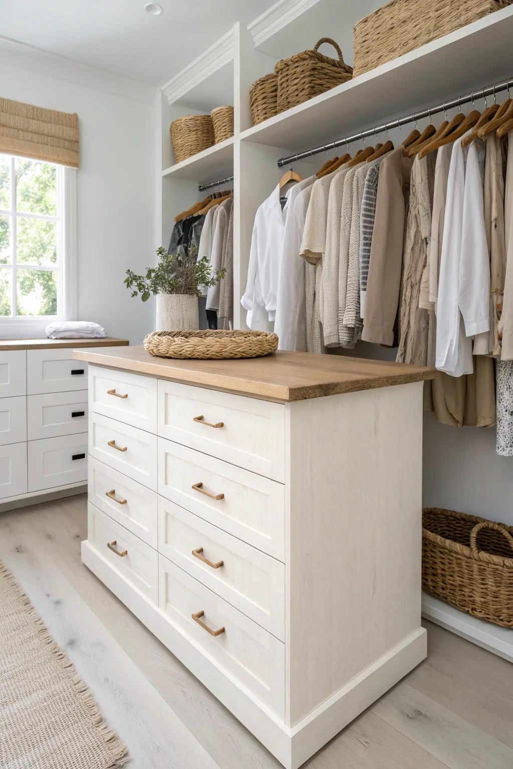 A luxe closet island dresser with a chunky wood countertop—perfect for folding and styling outfits.