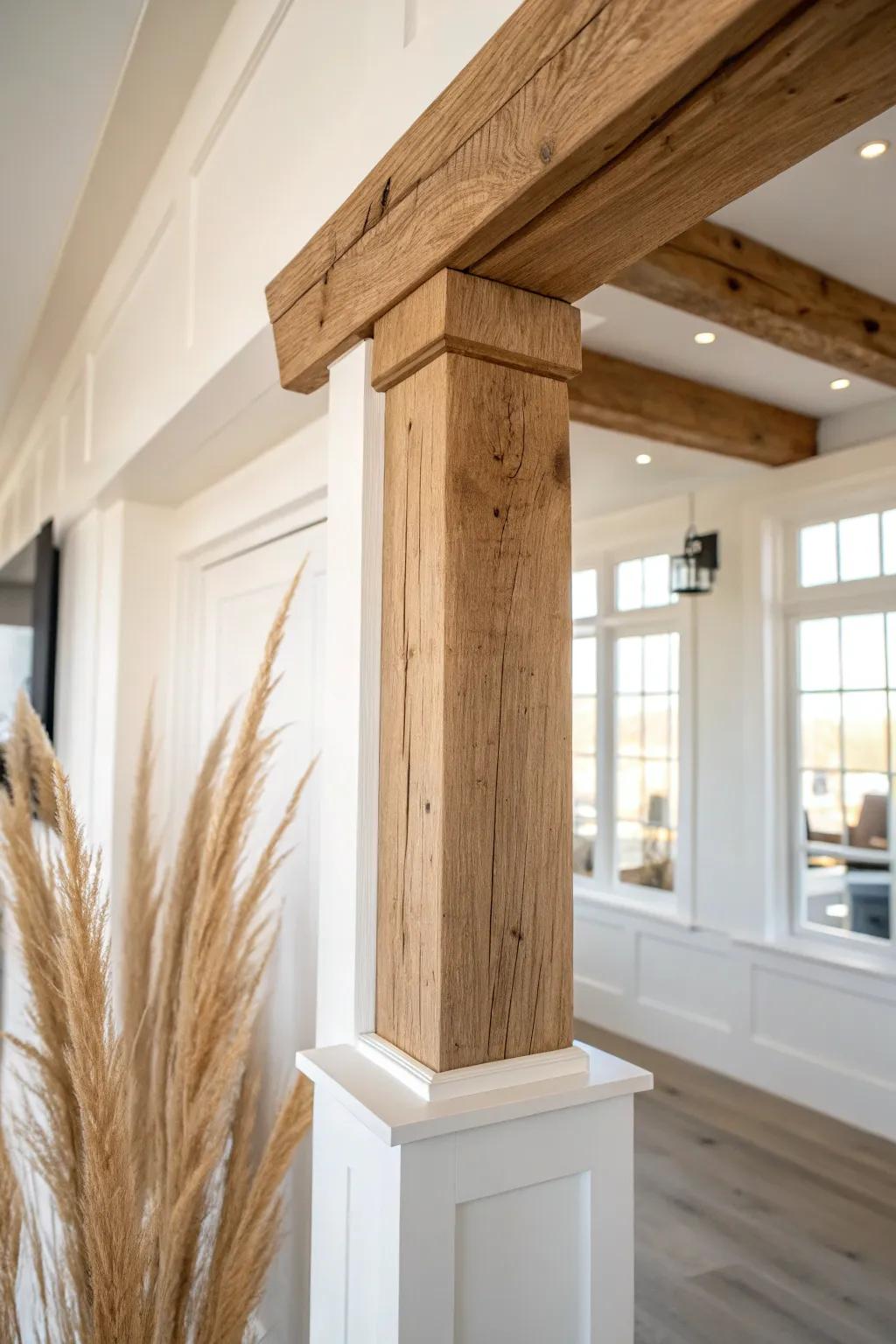 Minimal oak header beam: a subtle room divider that anchors kitchen and living zones.