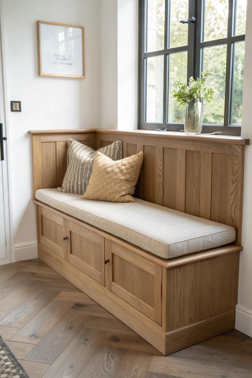 A light oak L-shaped corner bench turns a blank nook into the coziest morning coffee spot.