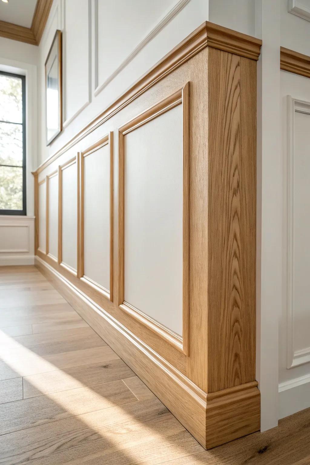 One oak picture-frame molding box adds classic elegance and structure to a simple hallway wall.
