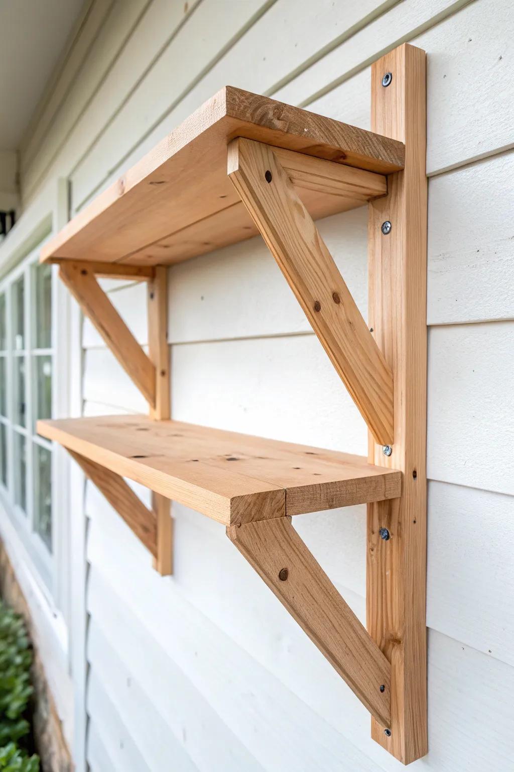Chunky 2x4 triangle brackets create a bombproof wall shelf—Scandi minimal with boho warmth.