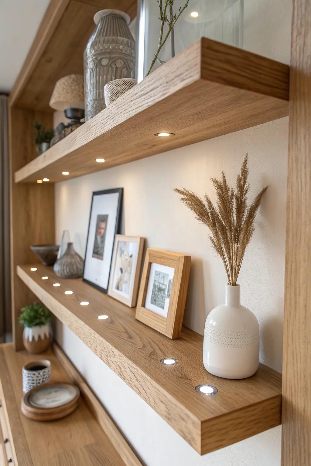 Thick oak shelf with flush recessed puck lights for warm, focused highlights on decor.