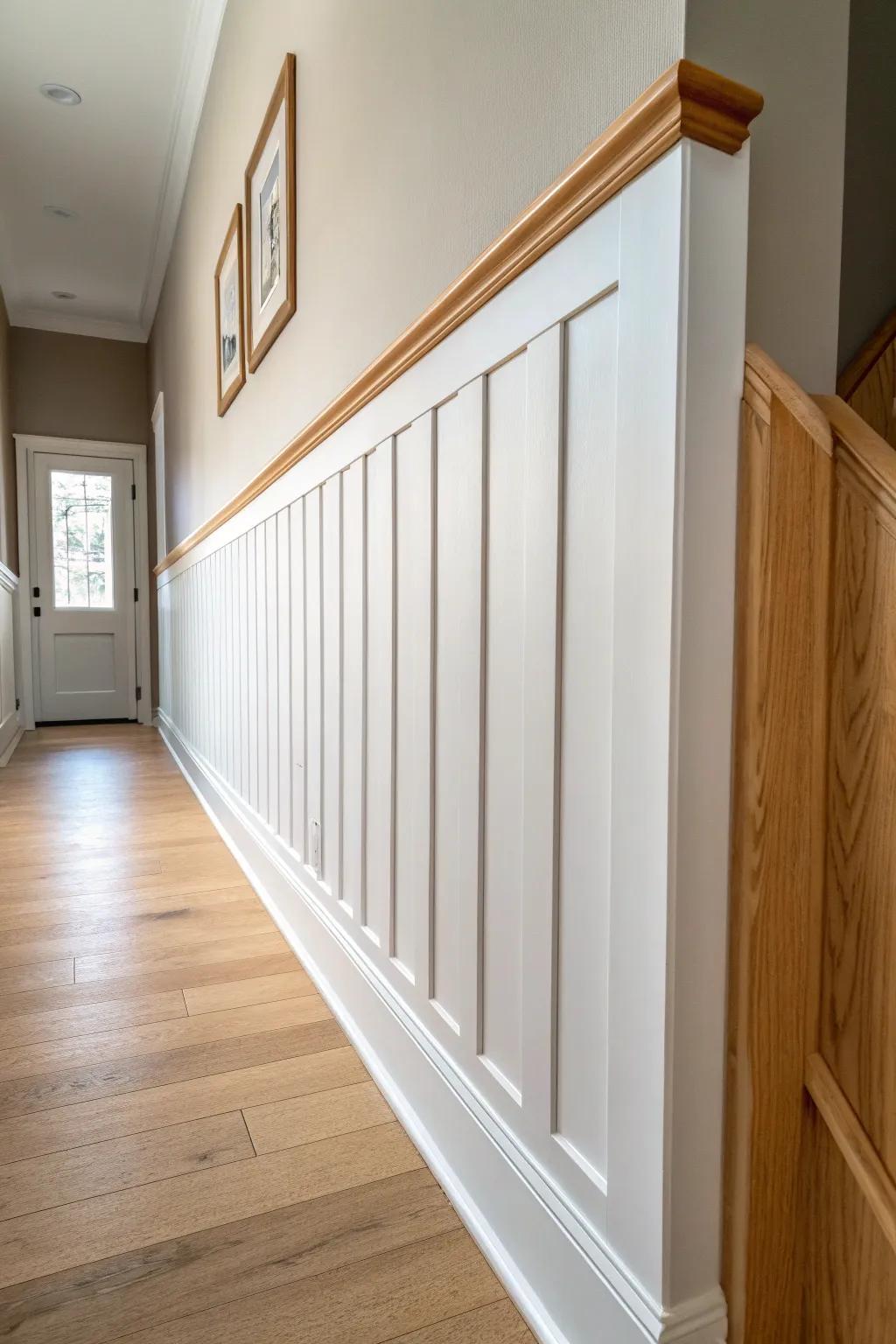 Tall board-and-batten trim turns a narrow hallway into a calm, crafted statement.