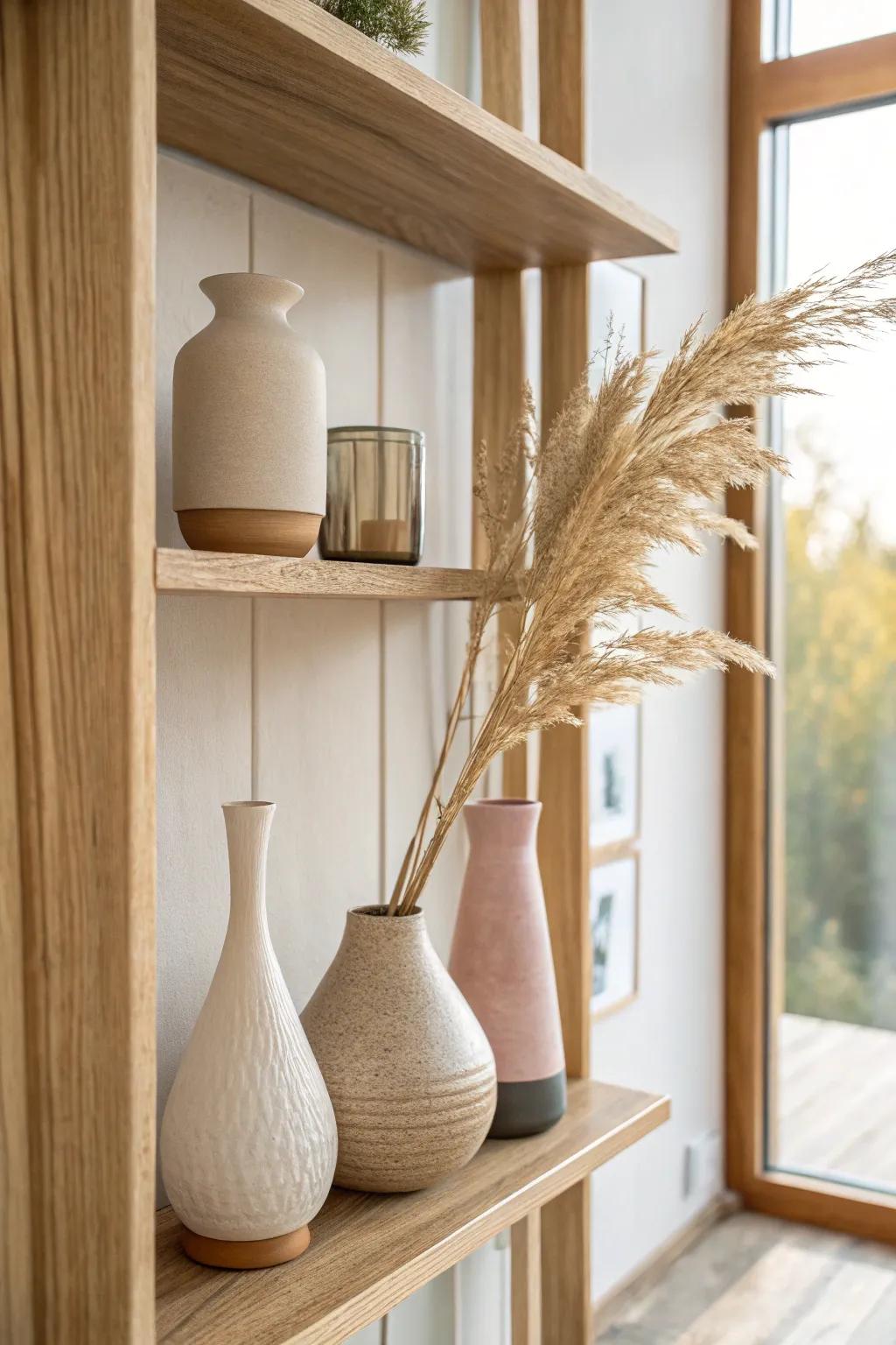 Style your wall unit fast: a simple trio of vases brings instant balance and polish.