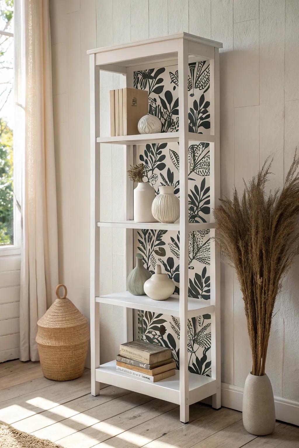 Crisp white shelves + bold wallpaper backdrop—instant contrast that makes every vase pop.