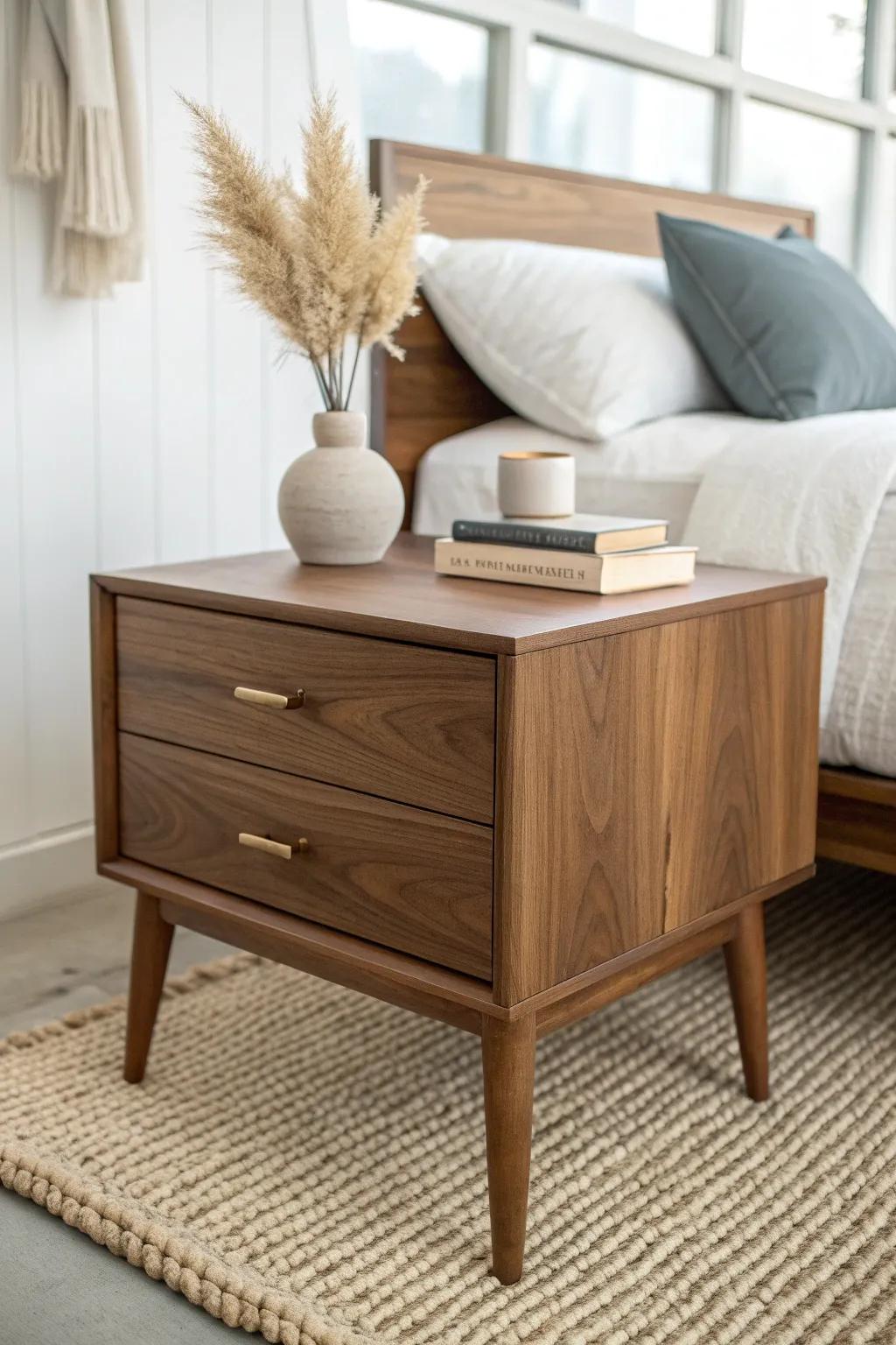 Matching walnut nightstands with two drawers—balanced, warm, and perfectly minimal for bedrooms.