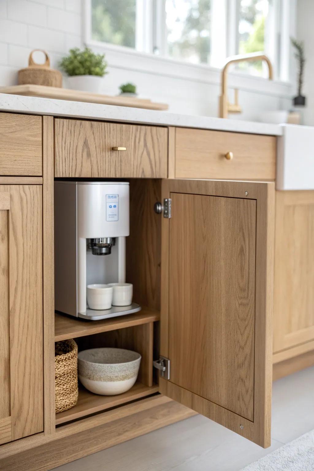End-of-island water dispenser nook with a built-in cup shelf—sleek, hidden, and handy.