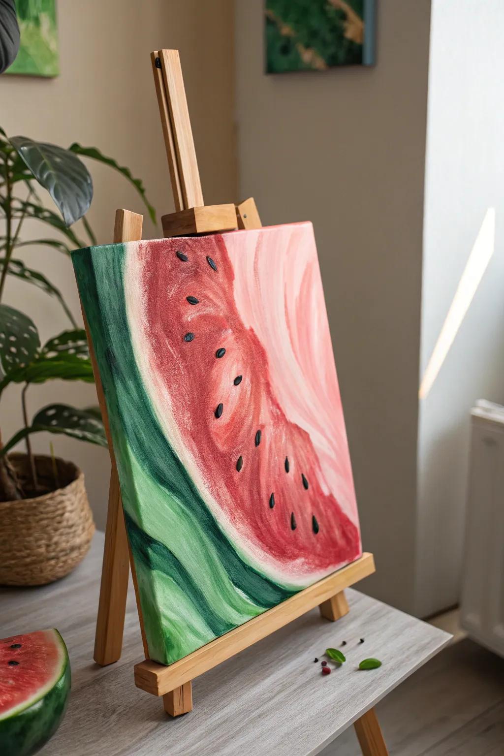 Add a splash of vibrant color to your living space with this abstract watermelon masterpiece, perfect for modern, minimalist decor.