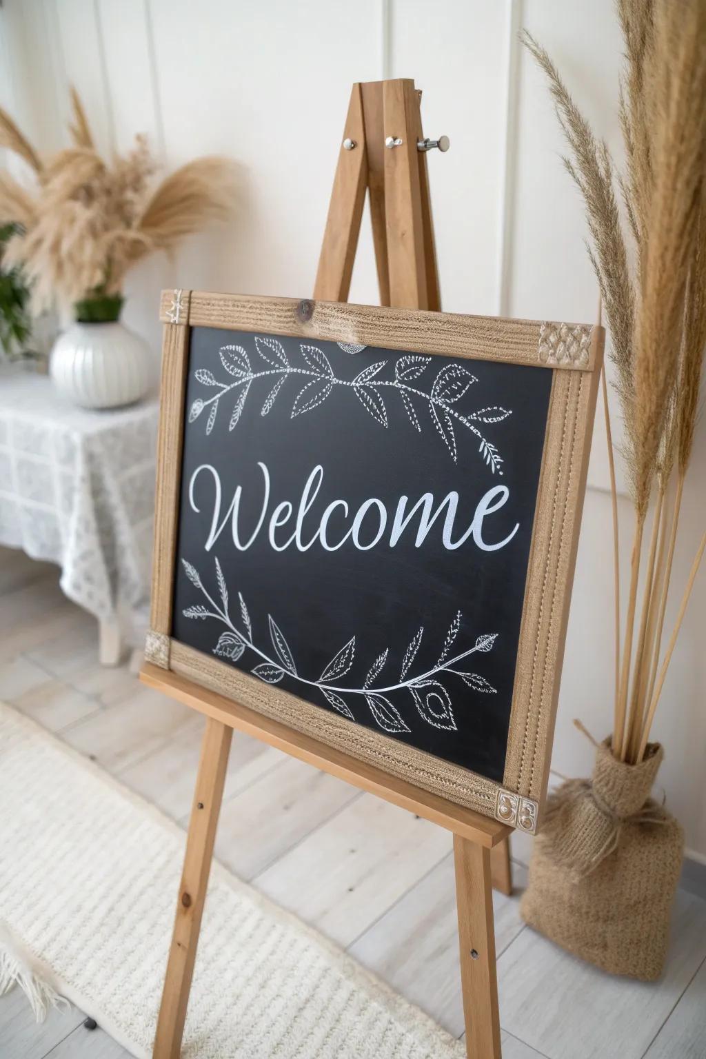 Handwritten chalk welcome on a pale oak easel—rustic charm in a clean, boho-minimal style.