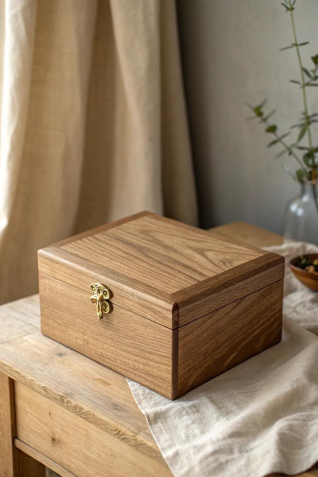 A walnut keepsake box with a hinged lid and vintage brass latch—timeless, protective, handmade.