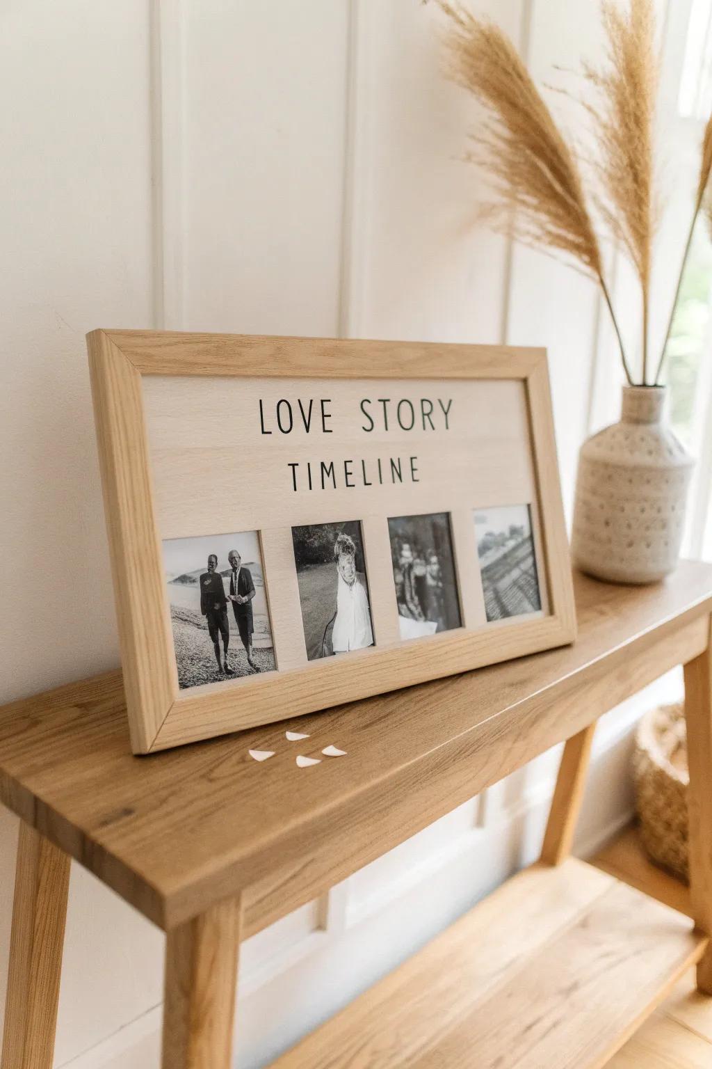 A clean oak-framed photo timeline with handwritten dates—your love story guests can stroll through.