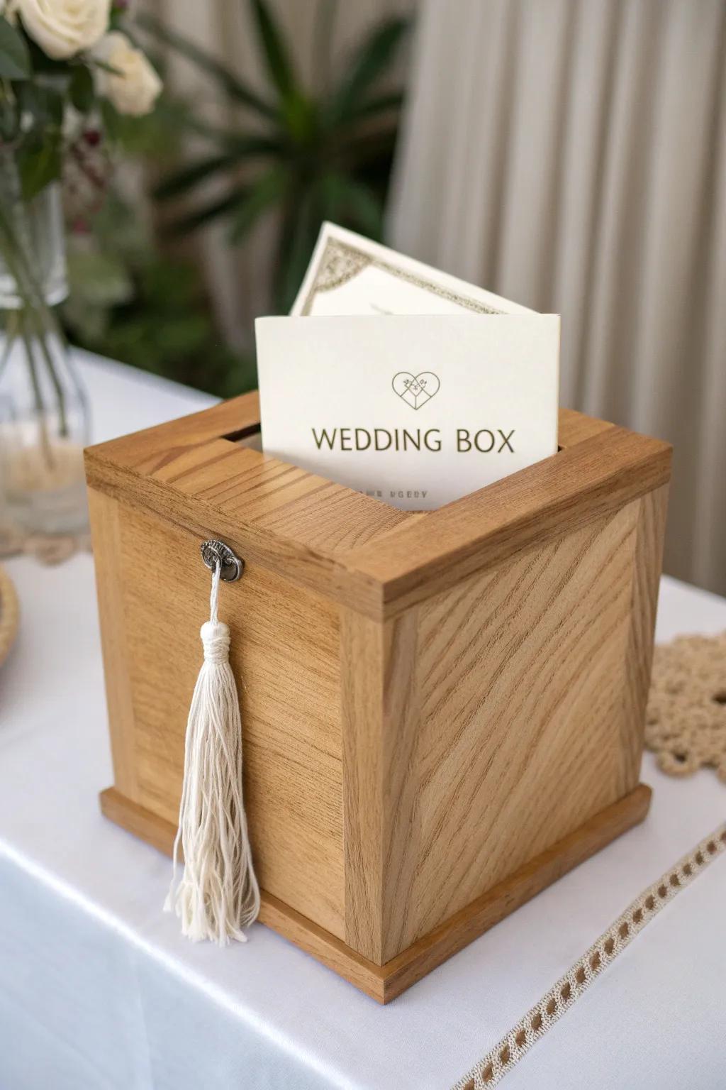 Personalized oak card box with woodburned names—minimal, sturdy, and envelope-friendly.