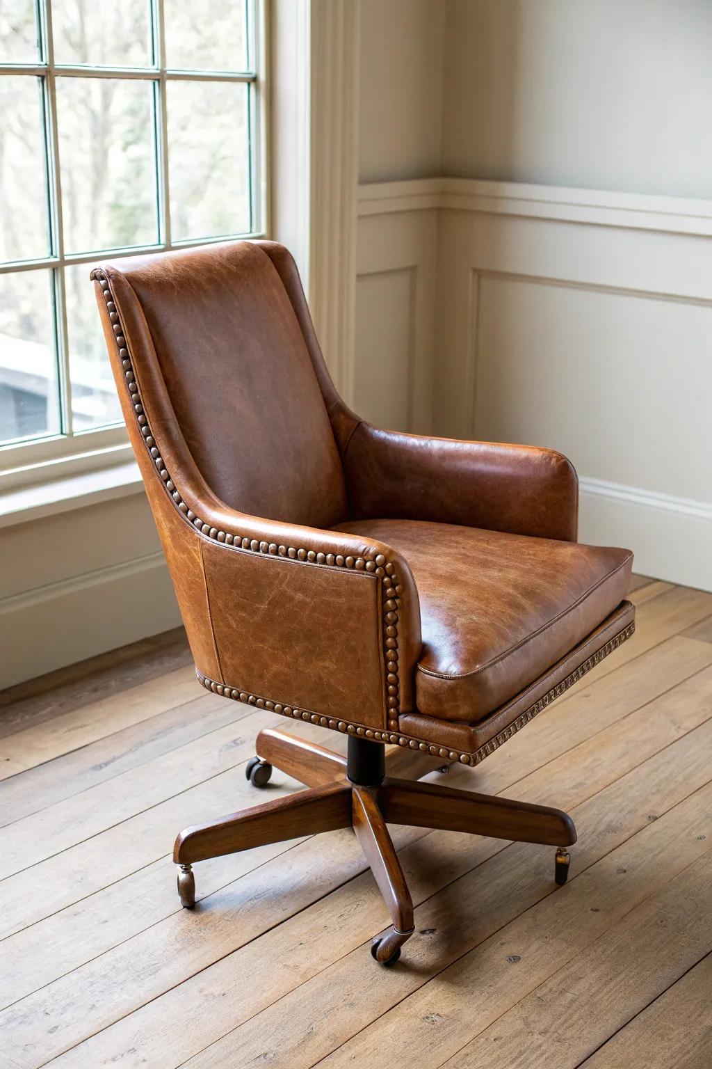 Broken-in cognac leather chair—cowboy chic comfort with clean Scandinavian simplicity.