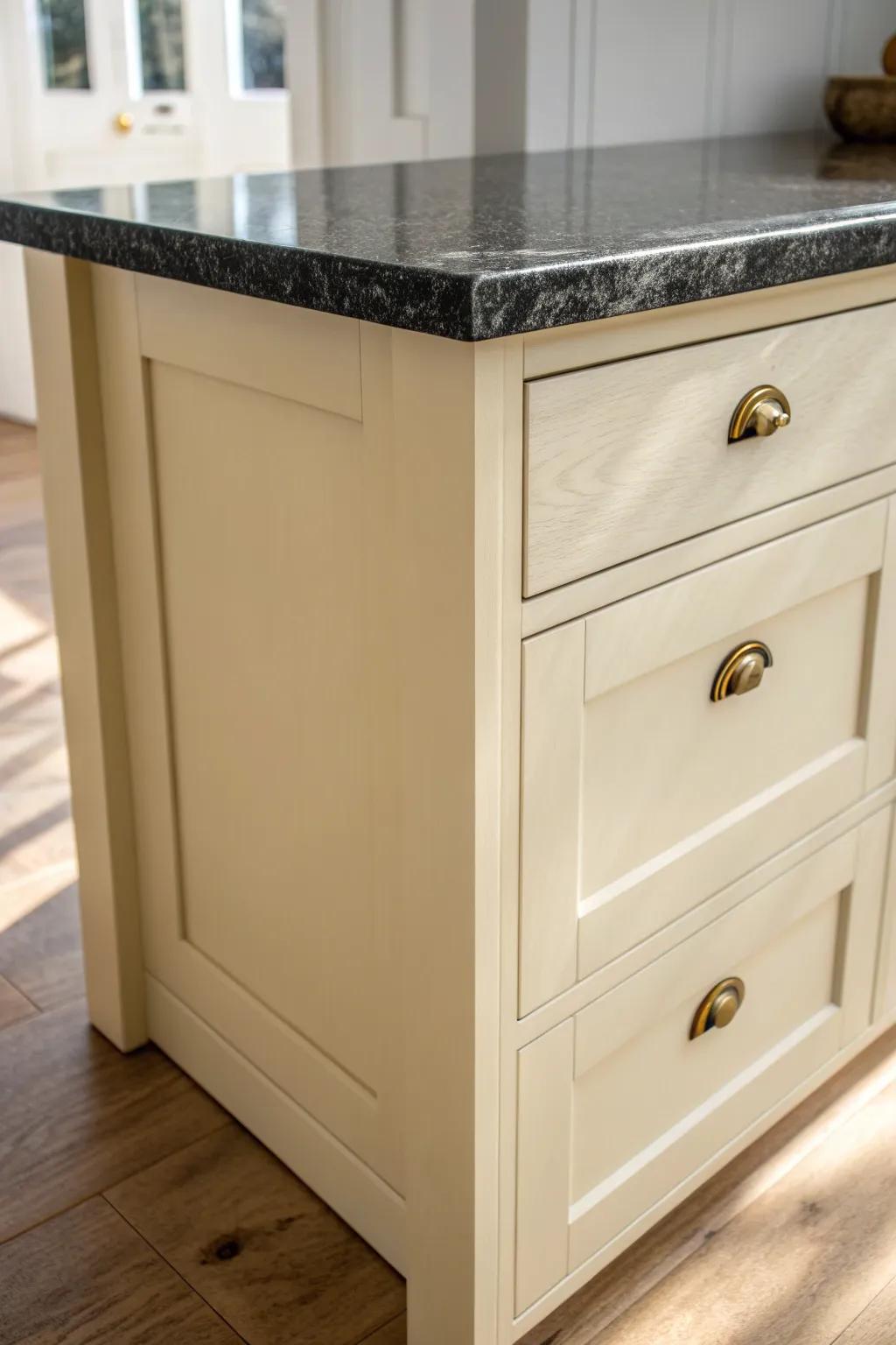 Creamy off-white cabinets make black granite look luxe—cozy contrast for modern kitchens.