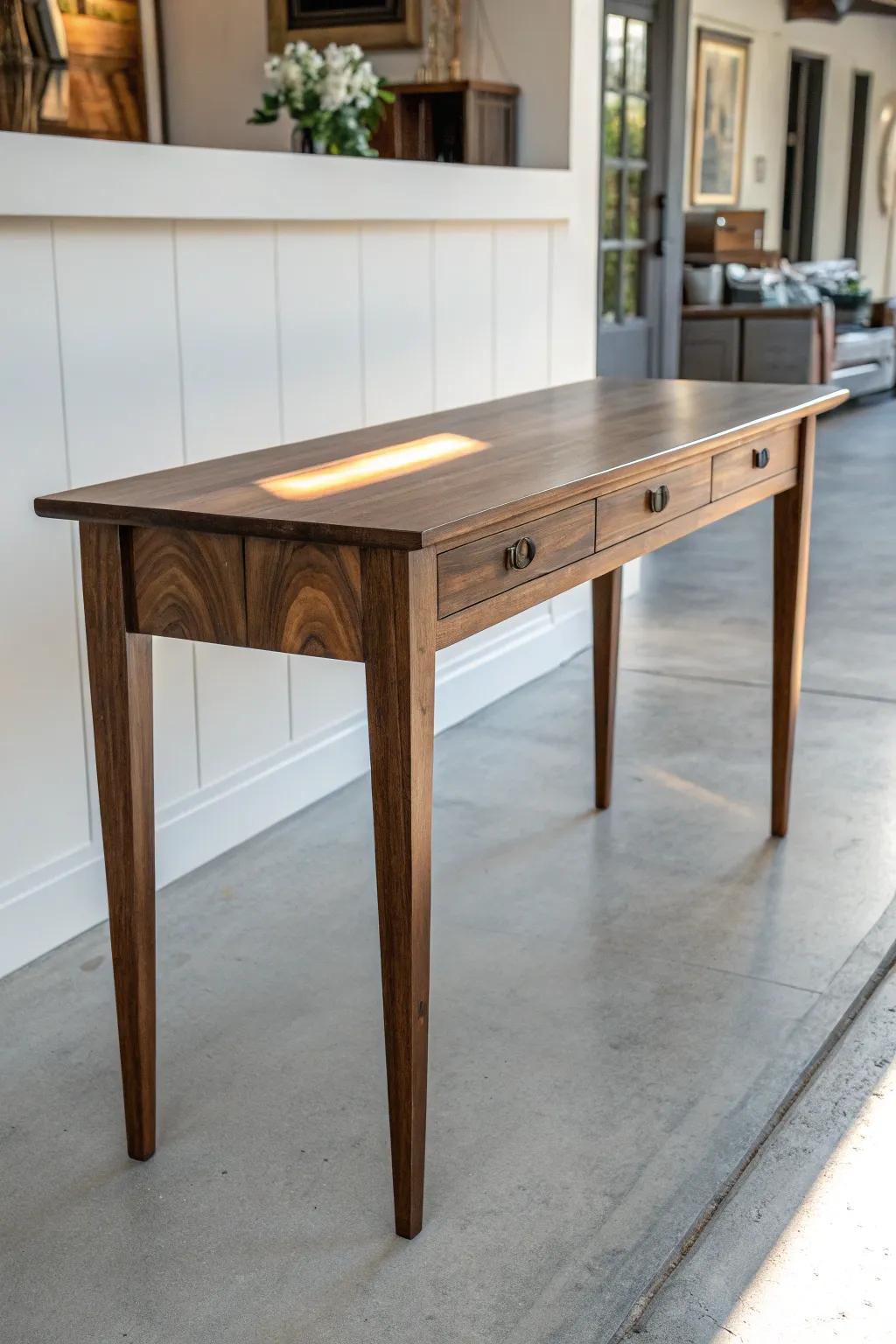 Rich walnut on gray floors adds instant depth—classic, grounded, and beautifully high-end.