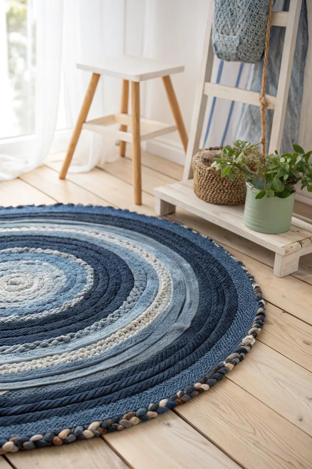 Transform old jeans into a stunning denim rag rug that adds warmth and style to any space.