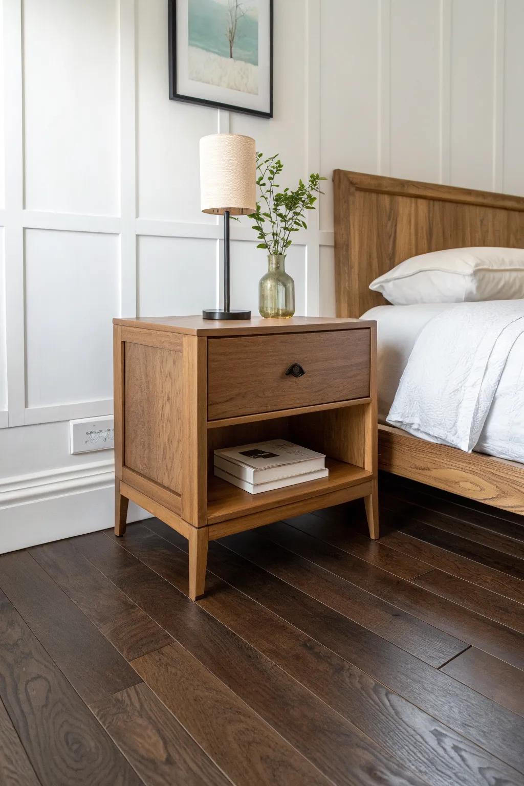 White walls + rich brown wood floors: a handcrafted oak nightstand for calm, timeless contrast.