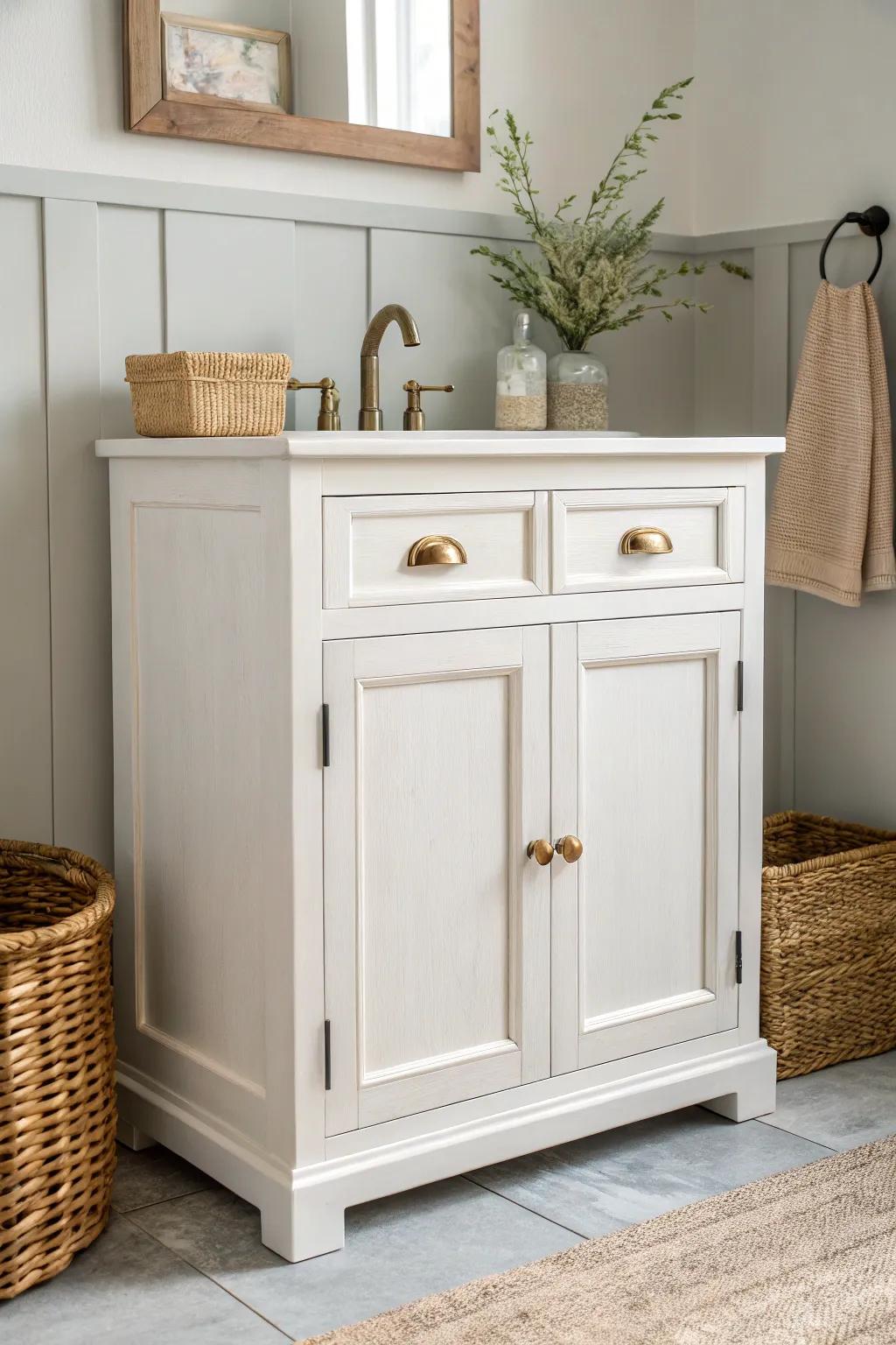 Traditional panel-front white vanity with warm wood accents—timeless, collected, and cozy.