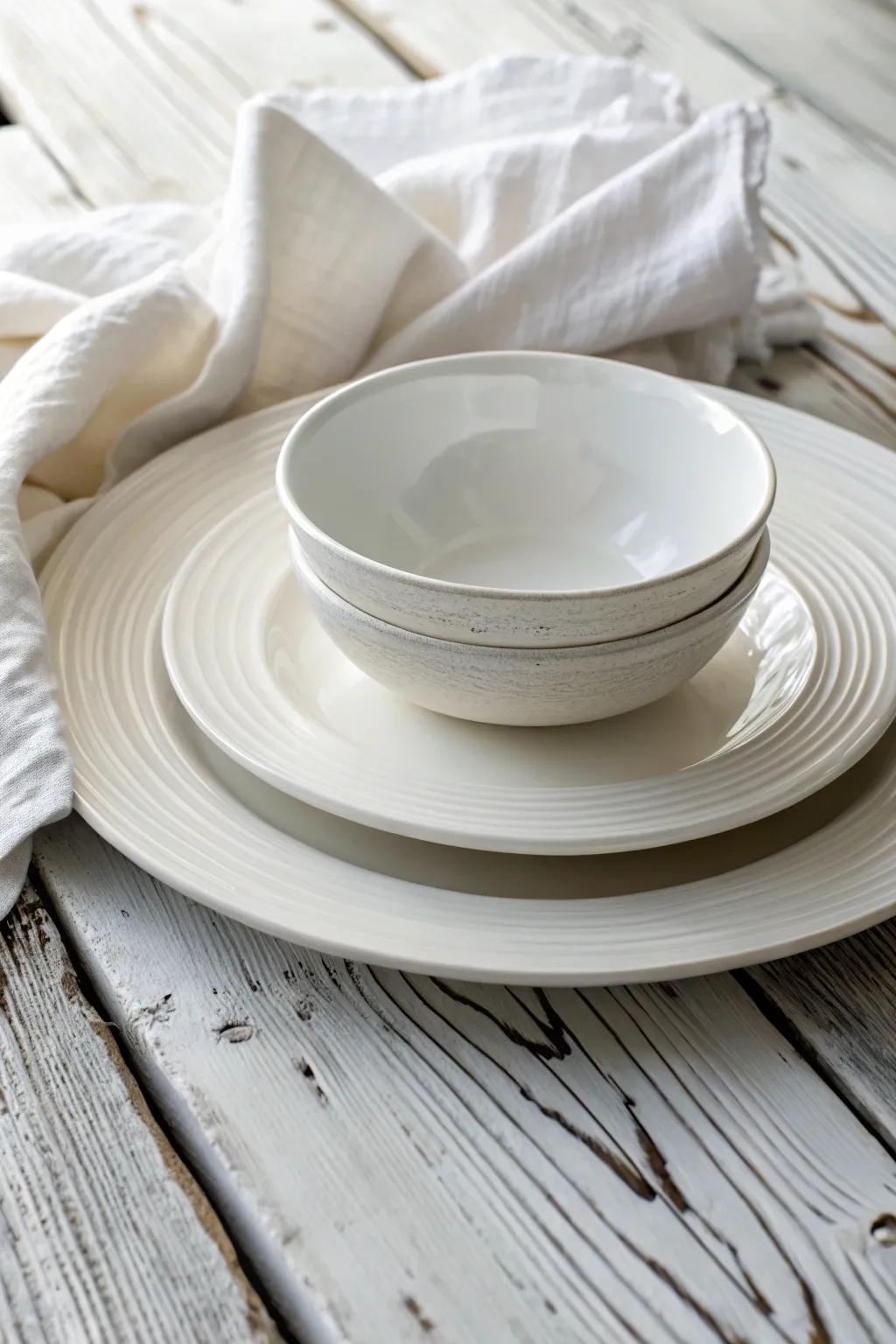 White-on-white place setting: matte and glossy plates layered with soft linen texture.