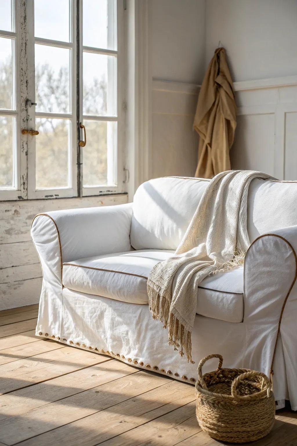 A washable white slipcovered sofa—soft, relaxed, and perfectly livable farmhouse style.