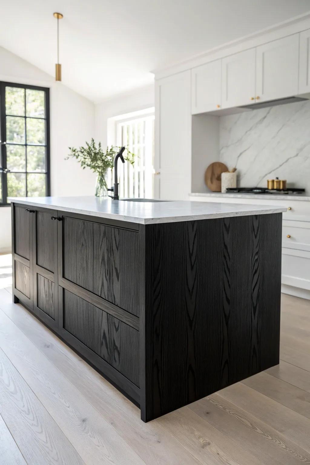 A white stone top on a black island keeps a bright, clean contrast in an all‑white kitchen.