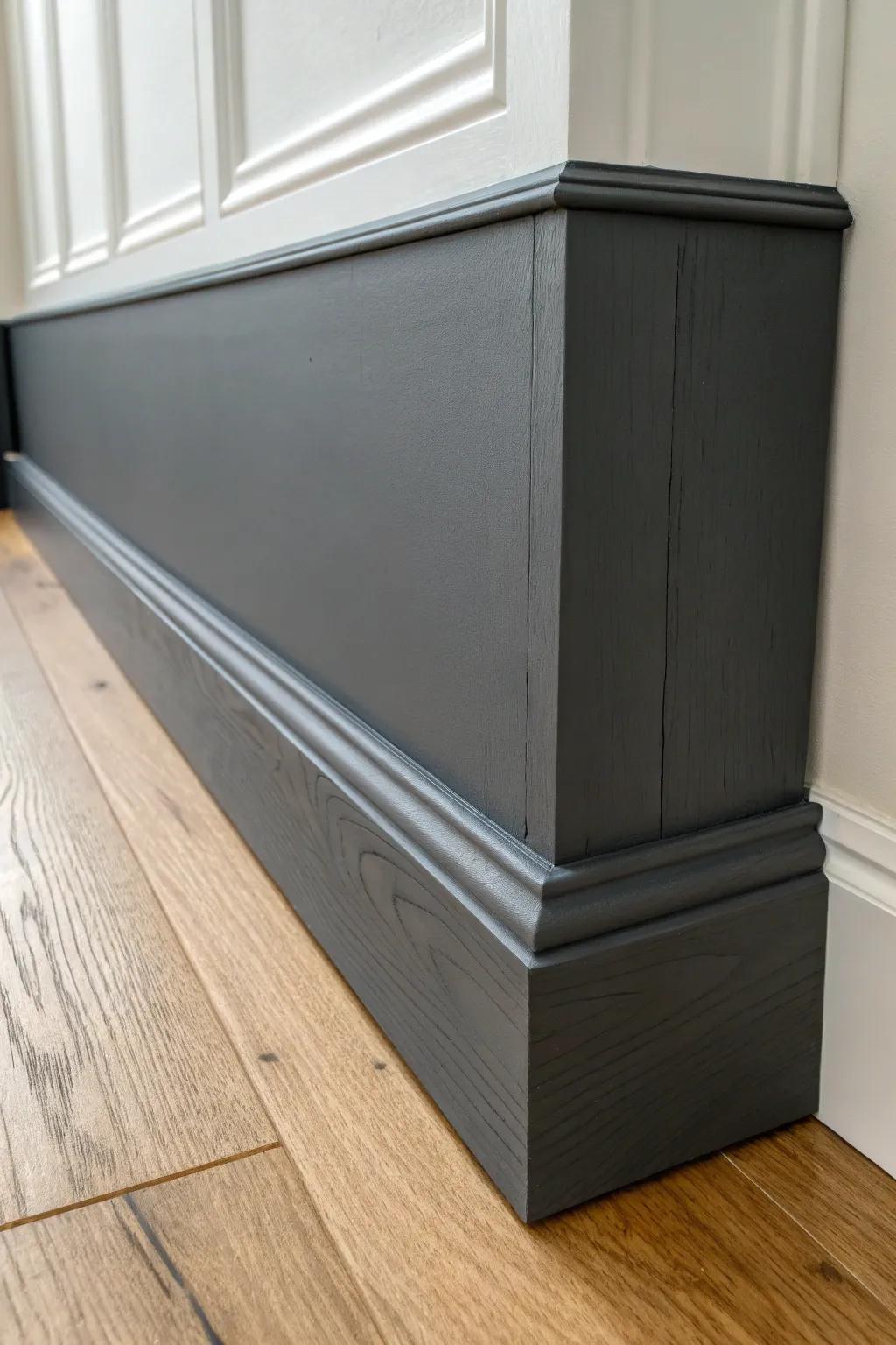 Charcoal trim frames white walls softly—hides scuffs and adds calm, tailored contrast.