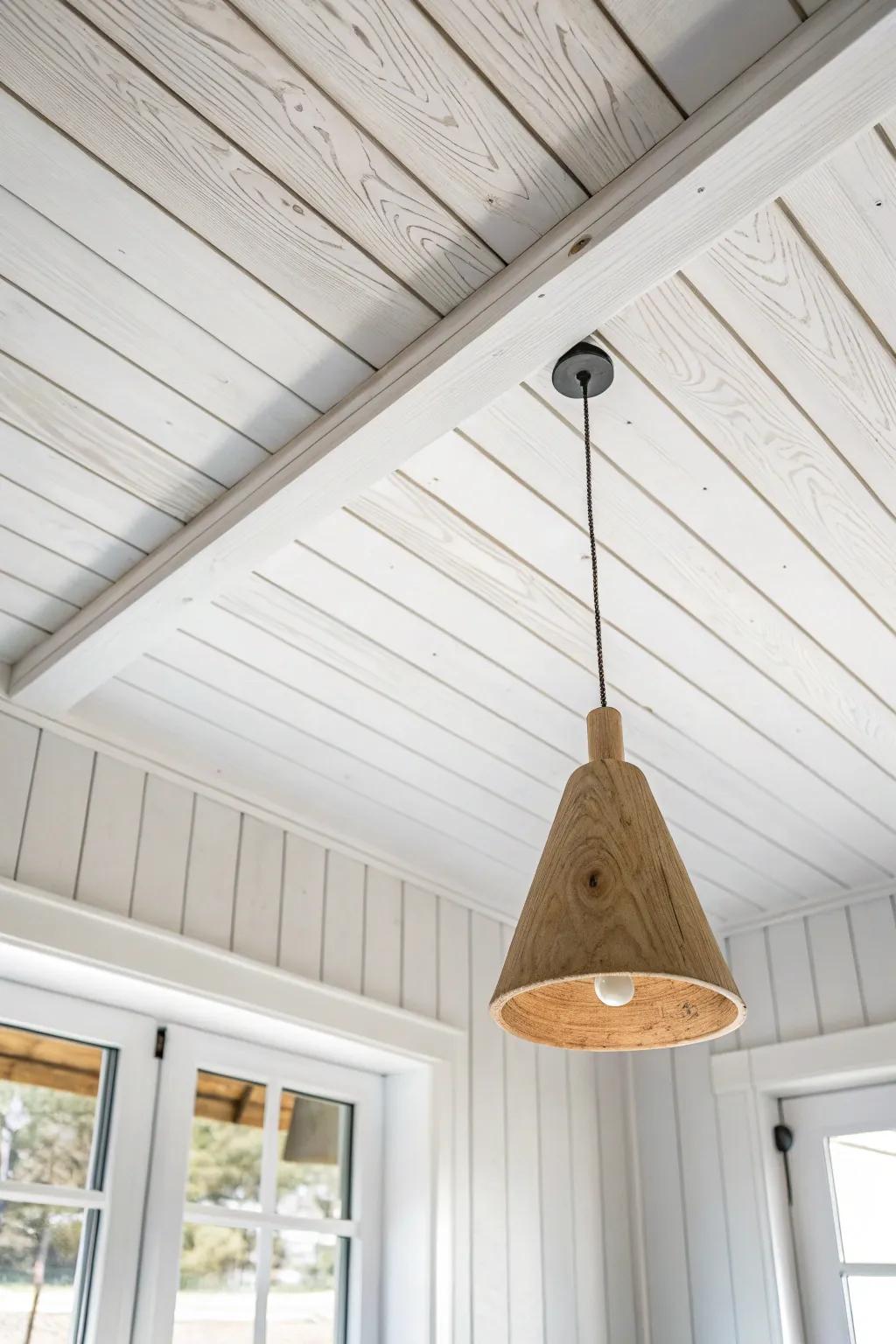 White tongue-and-groove planks: smooth seams, warm texture, and a built-in look.