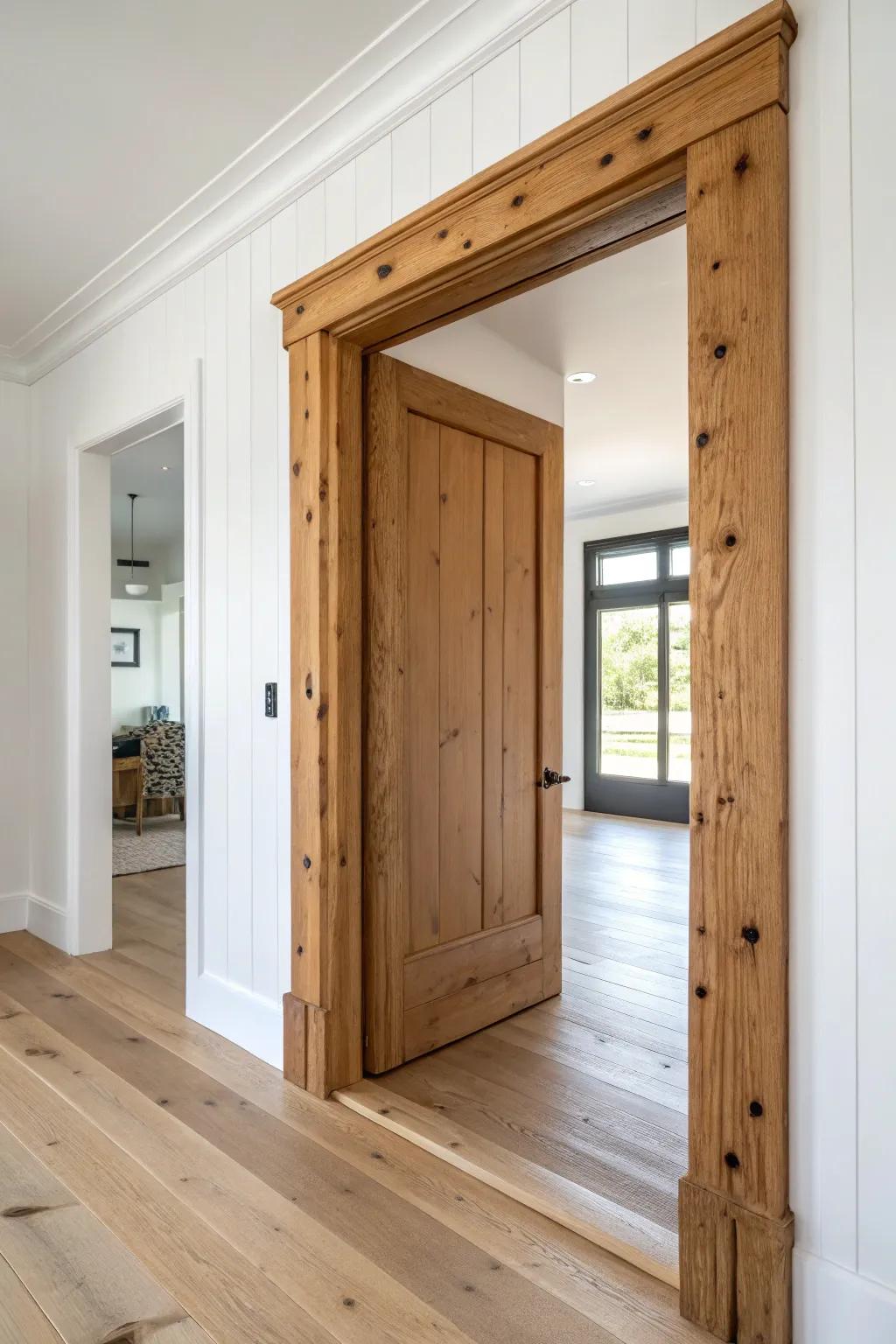Thick reclaimed fir jambs turn a wide doorway into warm, grain-forward craftsmanship.