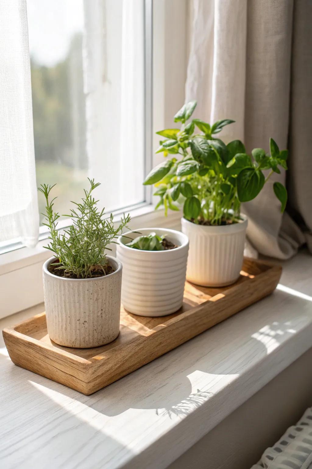 A slim oak tray turns a sunny kitchen sill into a chic herb garden—pretty and practical.