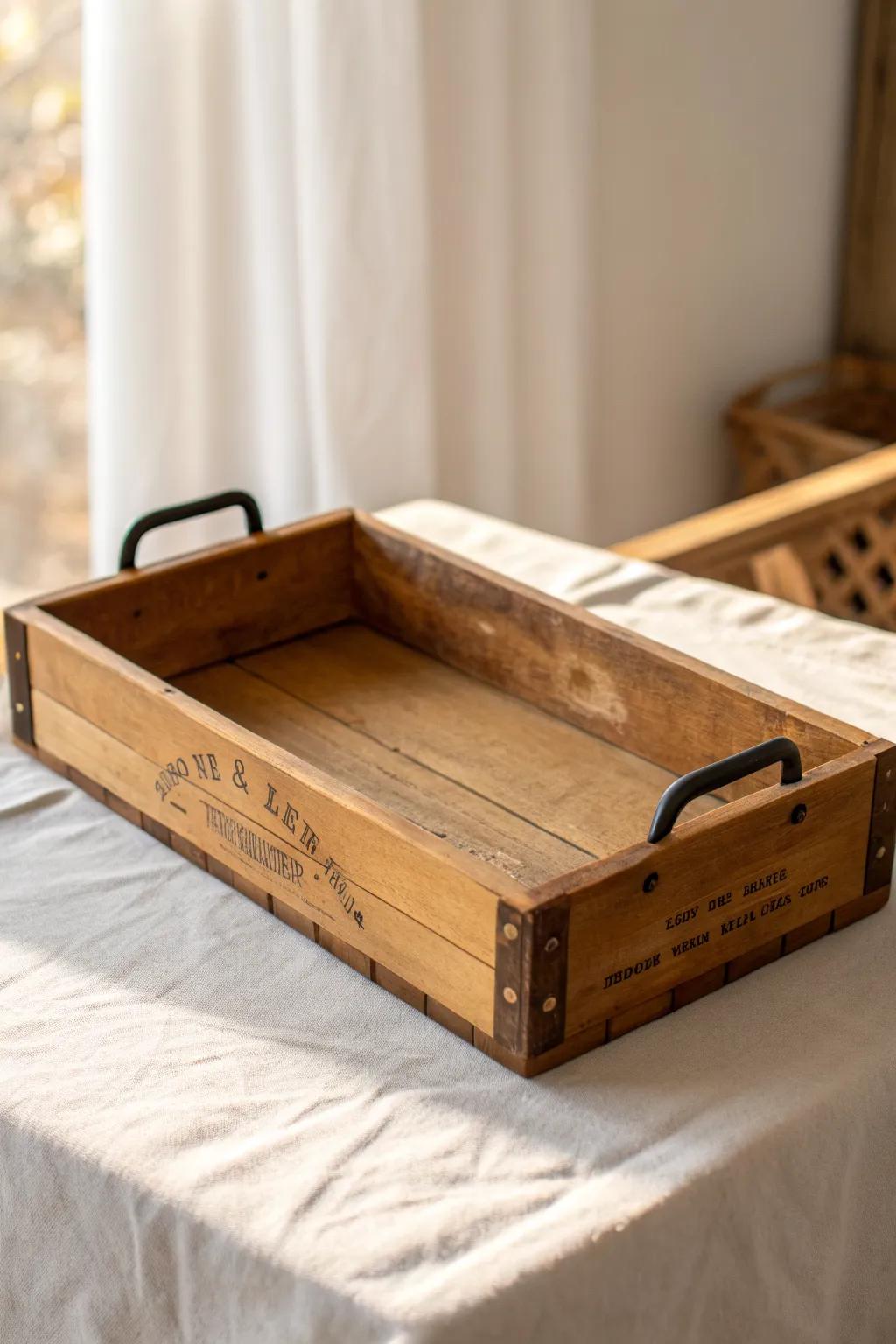 Upcycled wine crate serving tray—warm stain, visible stamps, and sleek handles for rustic charm.