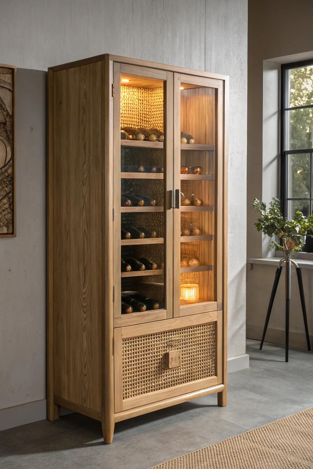 Warm LED strip lighting turns a simple oak wine cabinet into a cozy, glowing nighttime focal point.