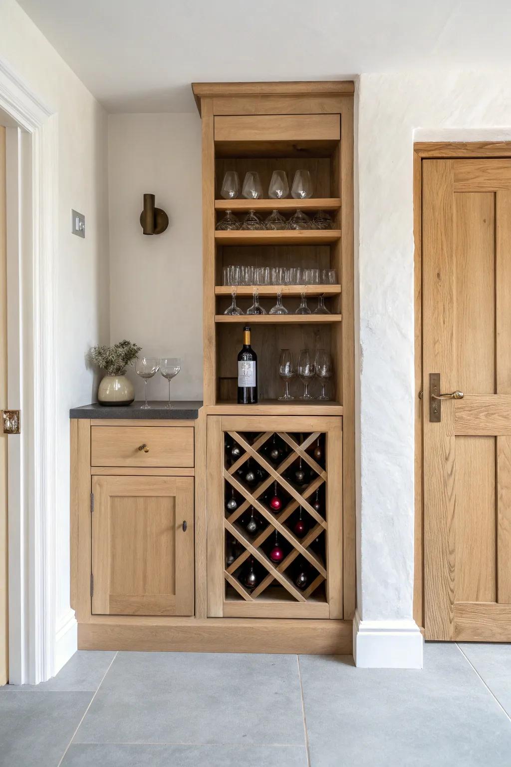 Dreamy built-in nook wine cabinet: slim glass shelving above, deep bottle storage below.