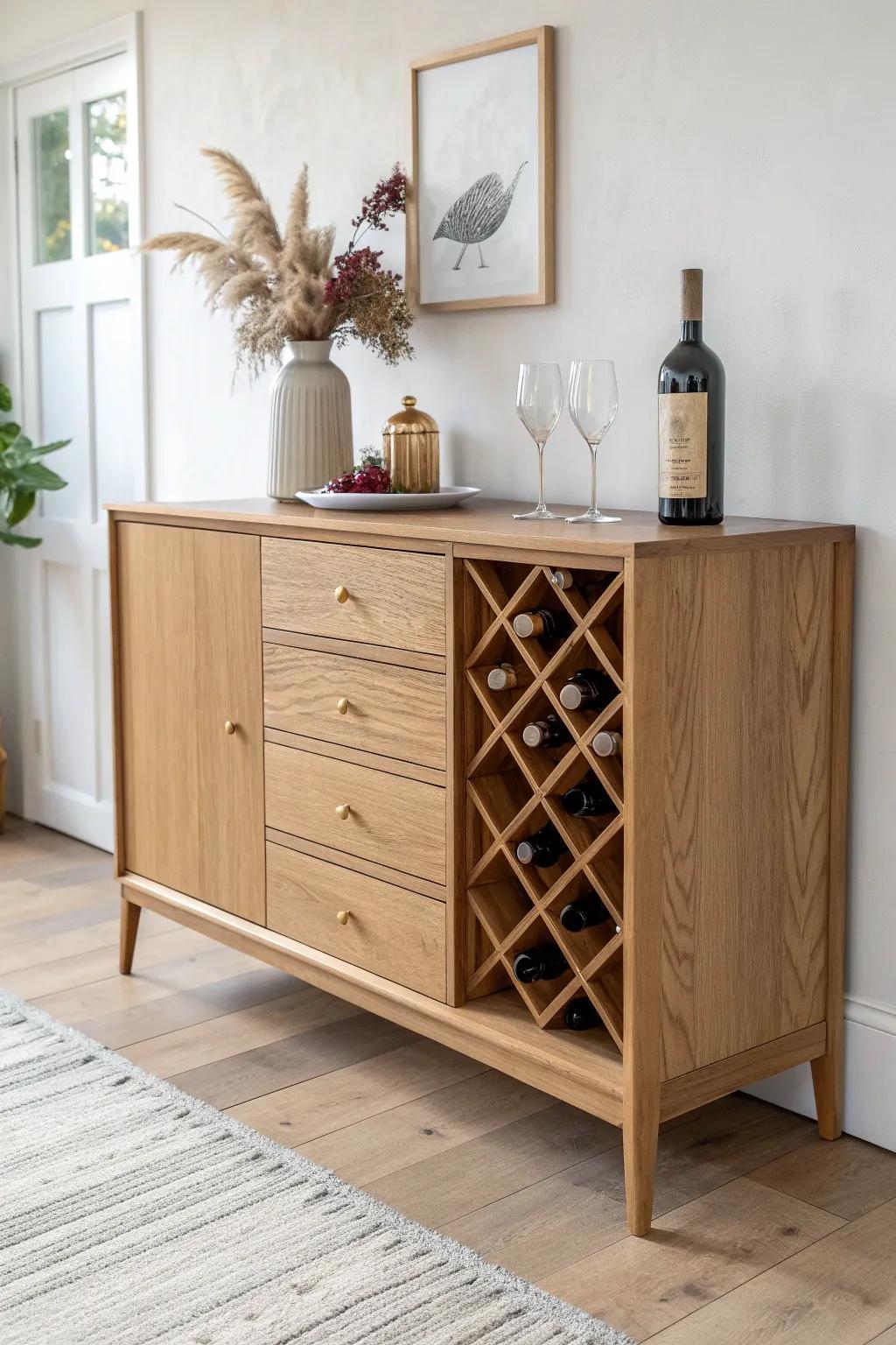 A buffet-style sideboard turned wine cabinet—deep drawers, bottle grid, and a serving top.