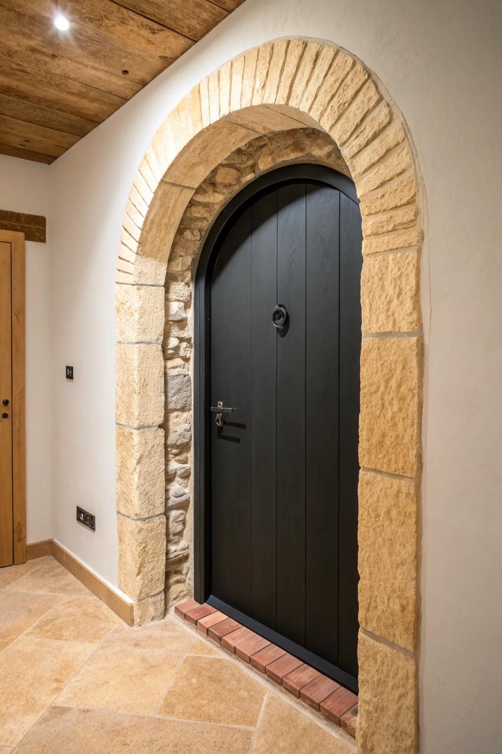 A simple stone-trimmed arch turns a basement wine cellar door into a cozy destination.