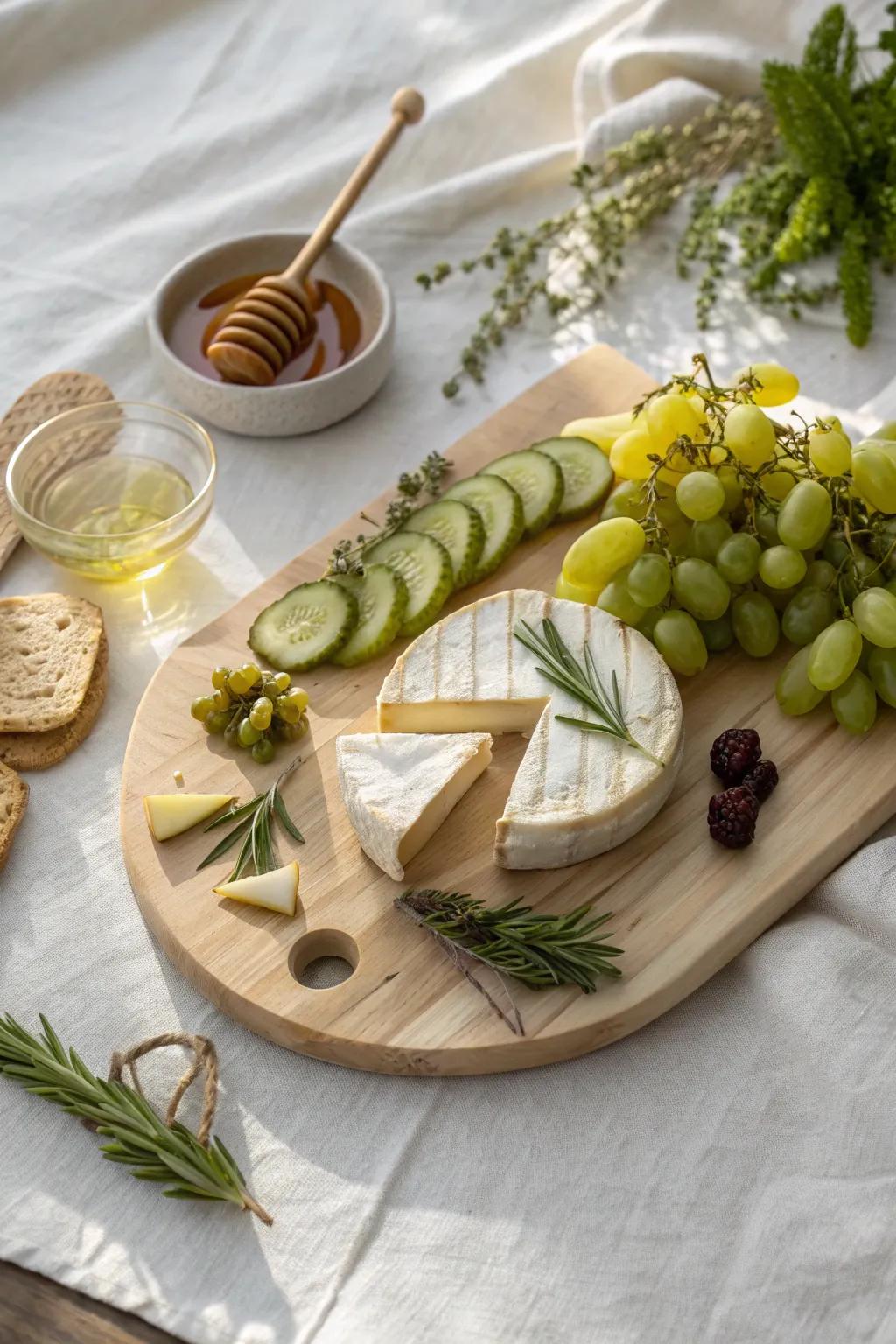 Crisp white wine grazing board: pale wood, creamy cheeses, green grapes, pickles, honey.