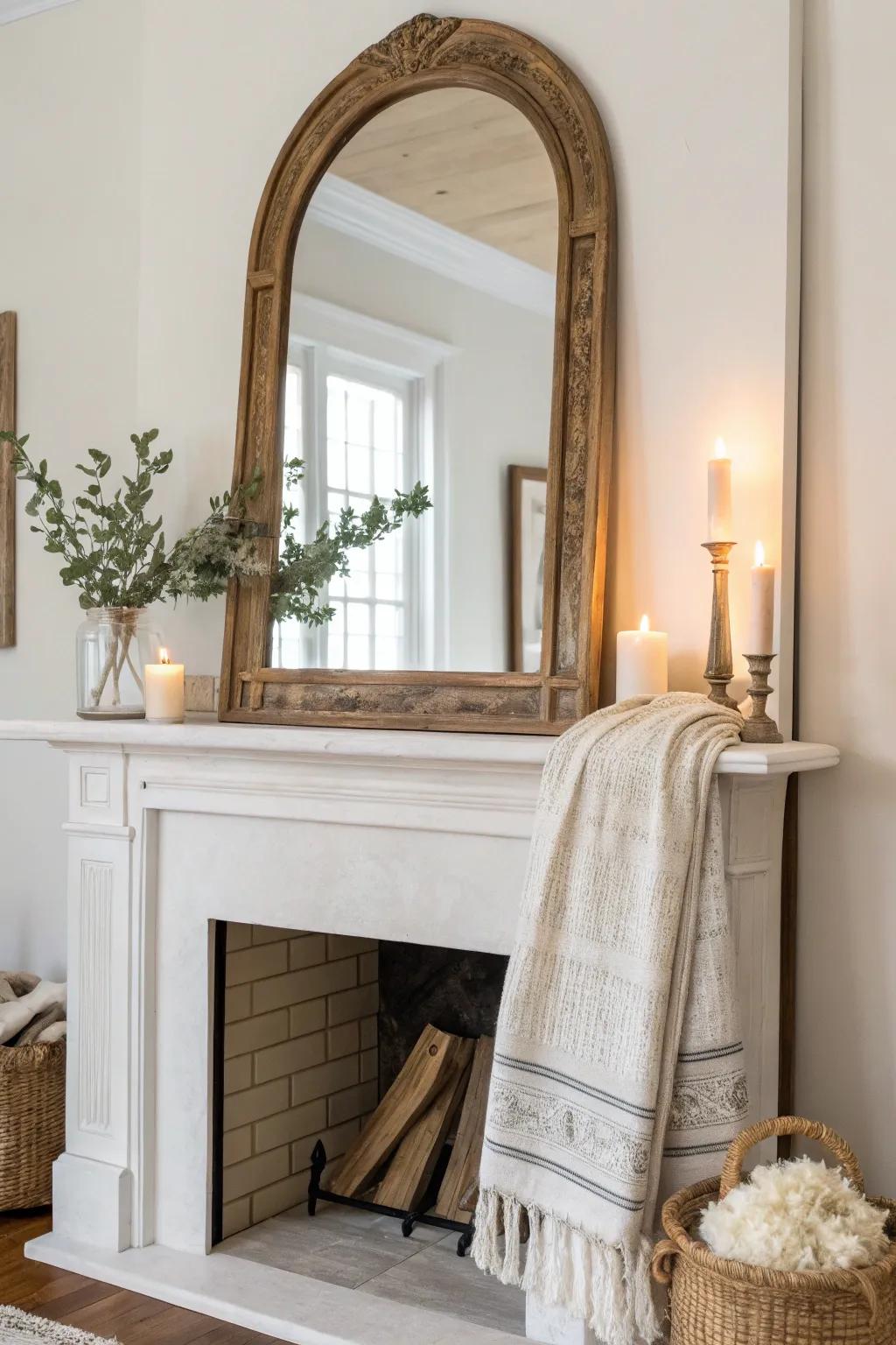 Layered mirror + sanded thrifted frames for instant mantel depth and cozy winter glow.