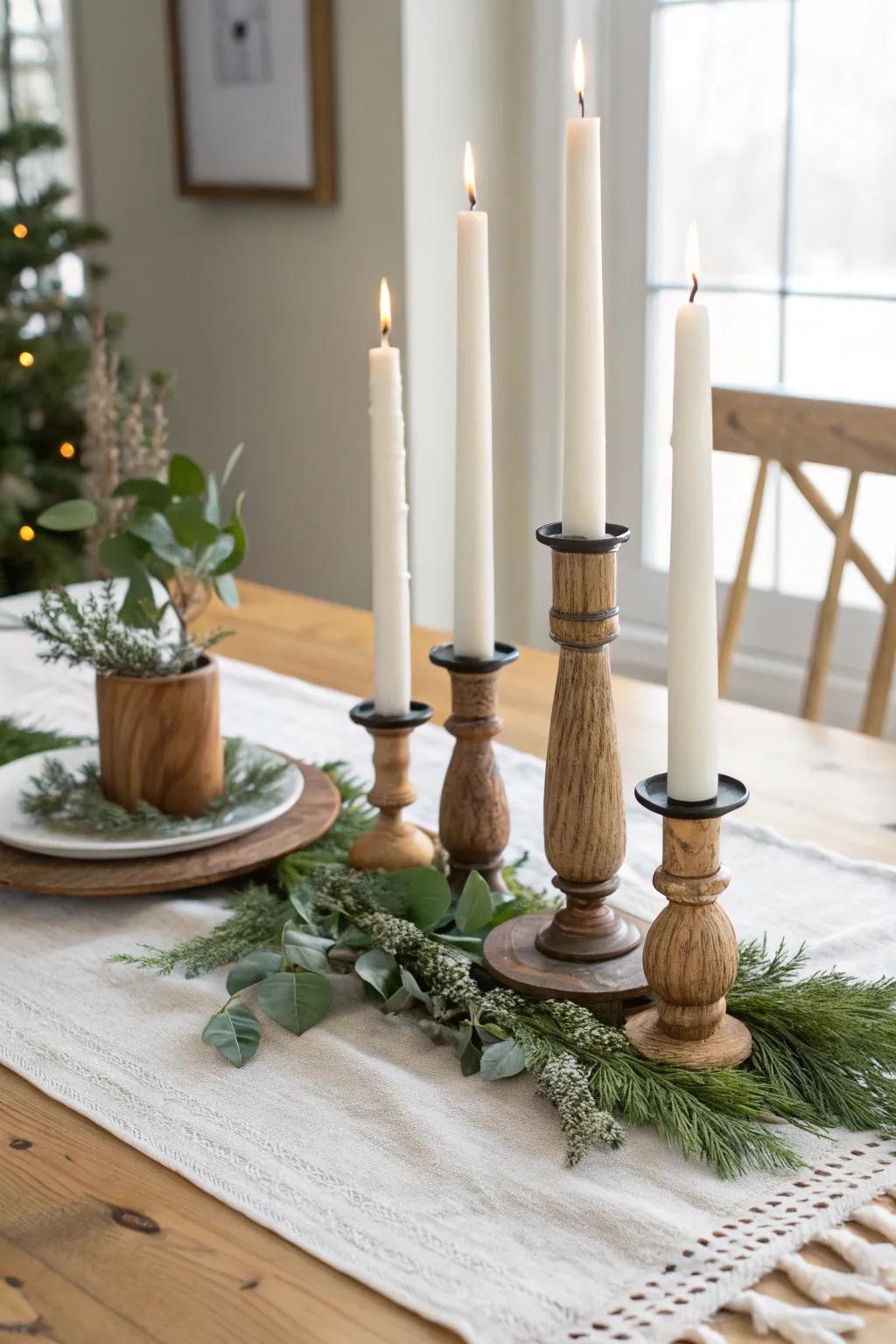 White taper candles in mixed wood and metal holders for a cozy, collected winter table.