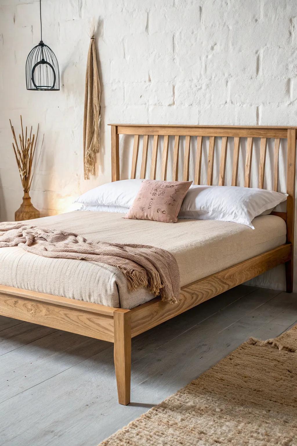 Airy slat headboard in light oak—simple lines, cozy linens, and modern handmade charm.