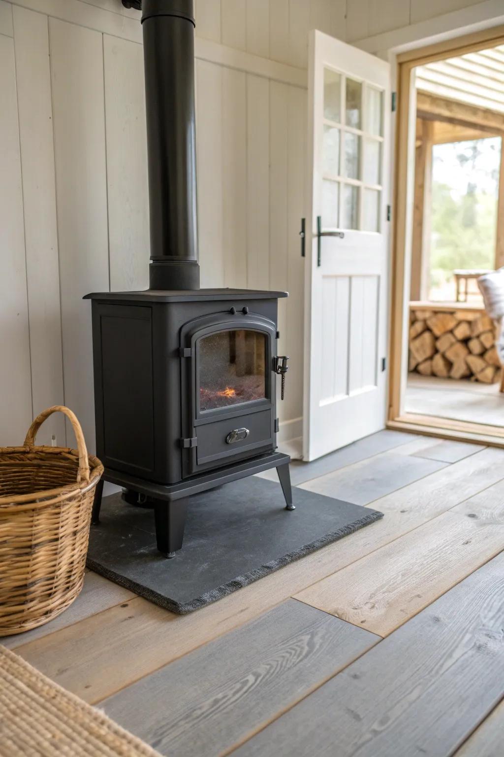 Timeless slate hearth pad—minimal, grounded, and beautifully practical under a wood stove.