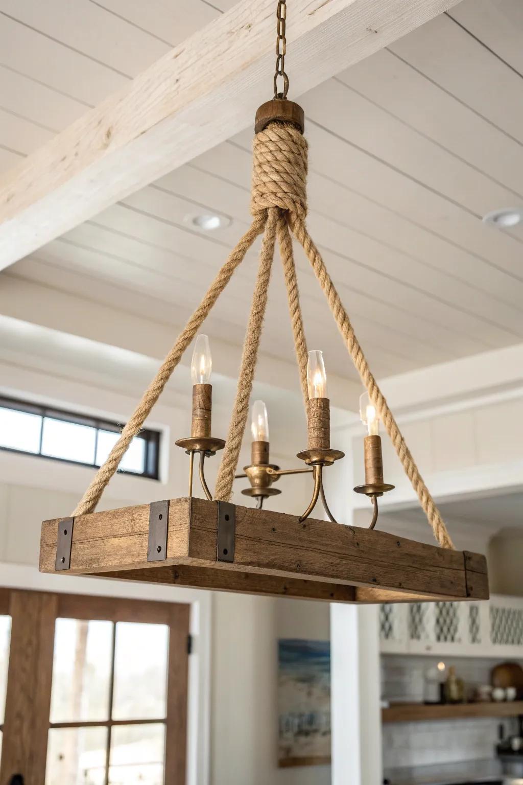 Rustic wood beam chandelier hung just below the beams for a clean, intentional statement.
