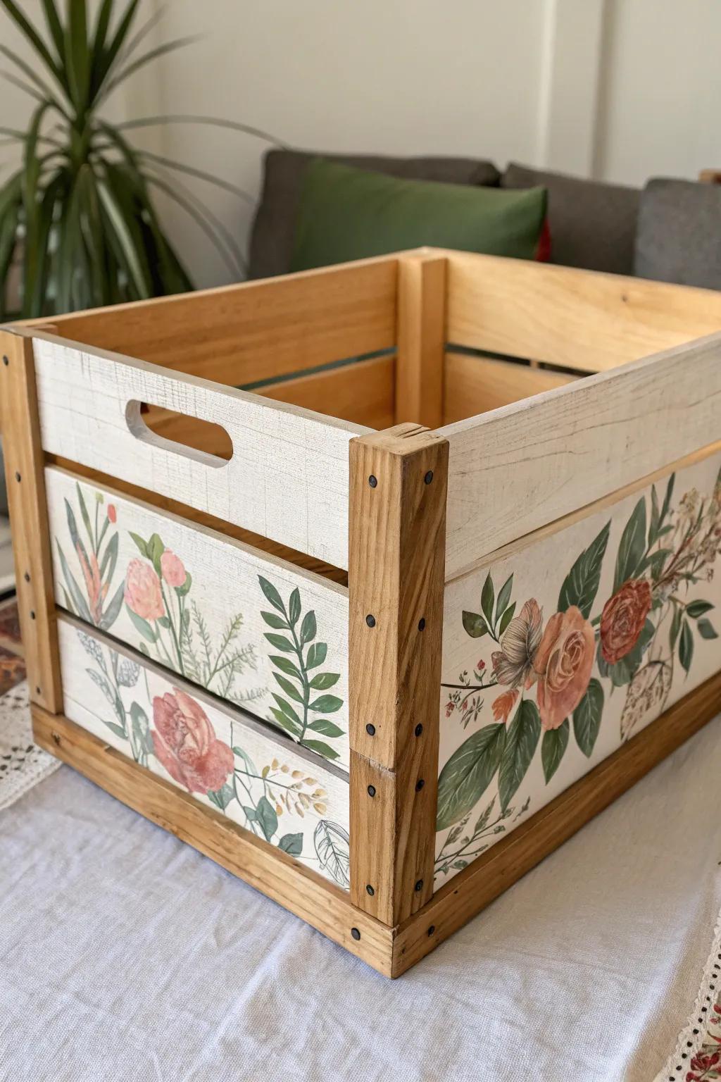 Vintage fruit crate makeover with bold botanical decoupage and softly distressed edges.