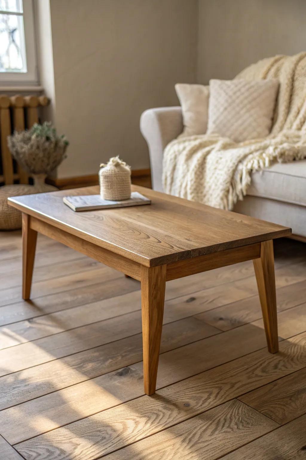 Warm medium-tone wood floors with a chunky knit throw—everyday cozy, Scandinavian-boho calm.